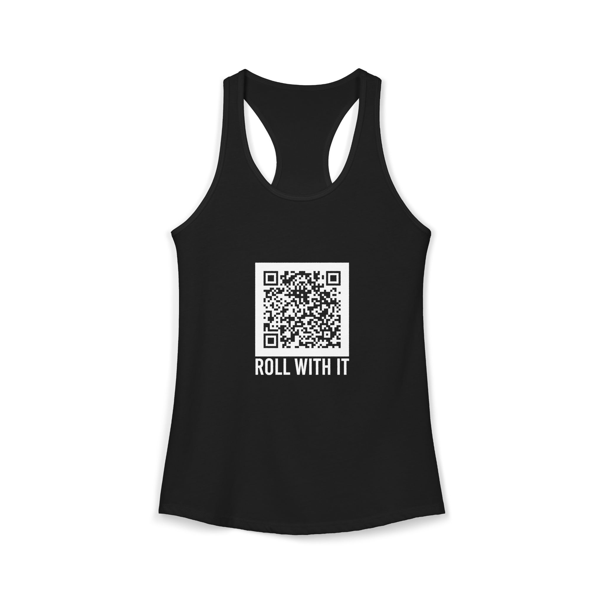 Roll With It QR Code women's racerback tank in Solid Black, front 2