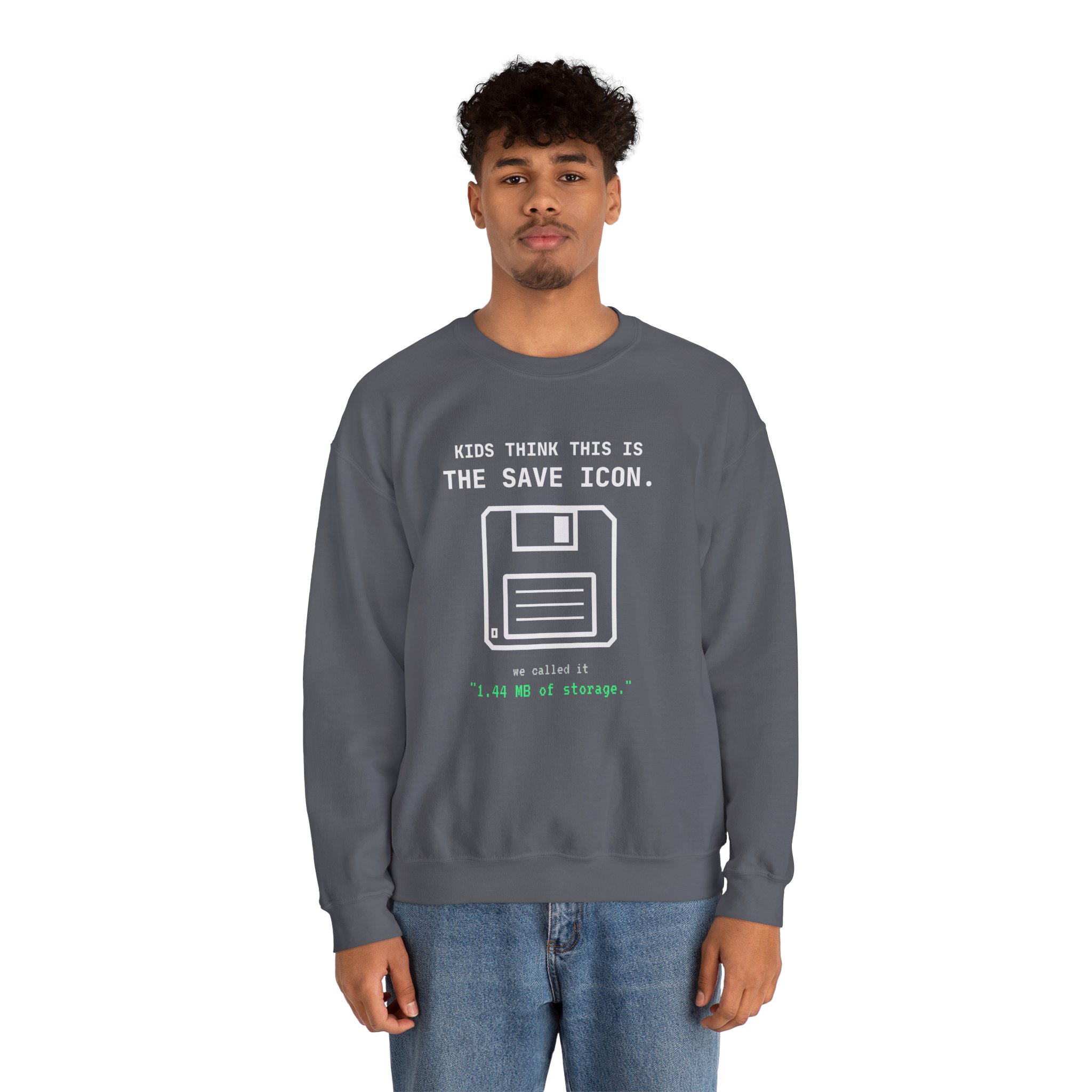 The Original Save Icon crewneck sweatshirt in Charcoal, worn by a model, second view