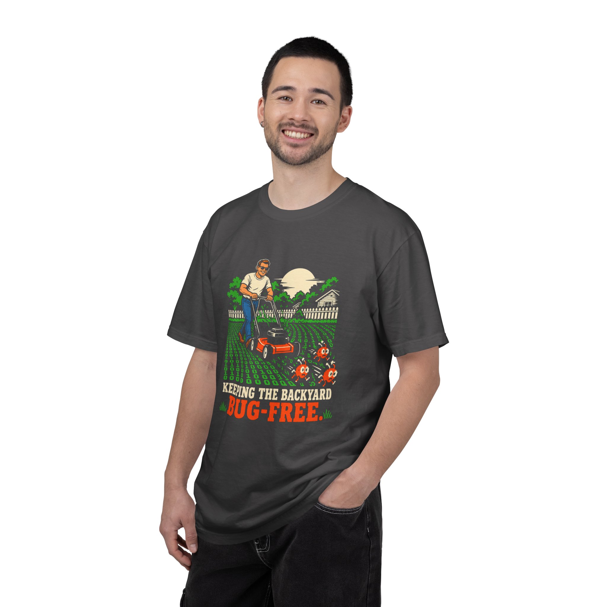 Bug-Free Backyard T-shirt in Graphite, worn by a man