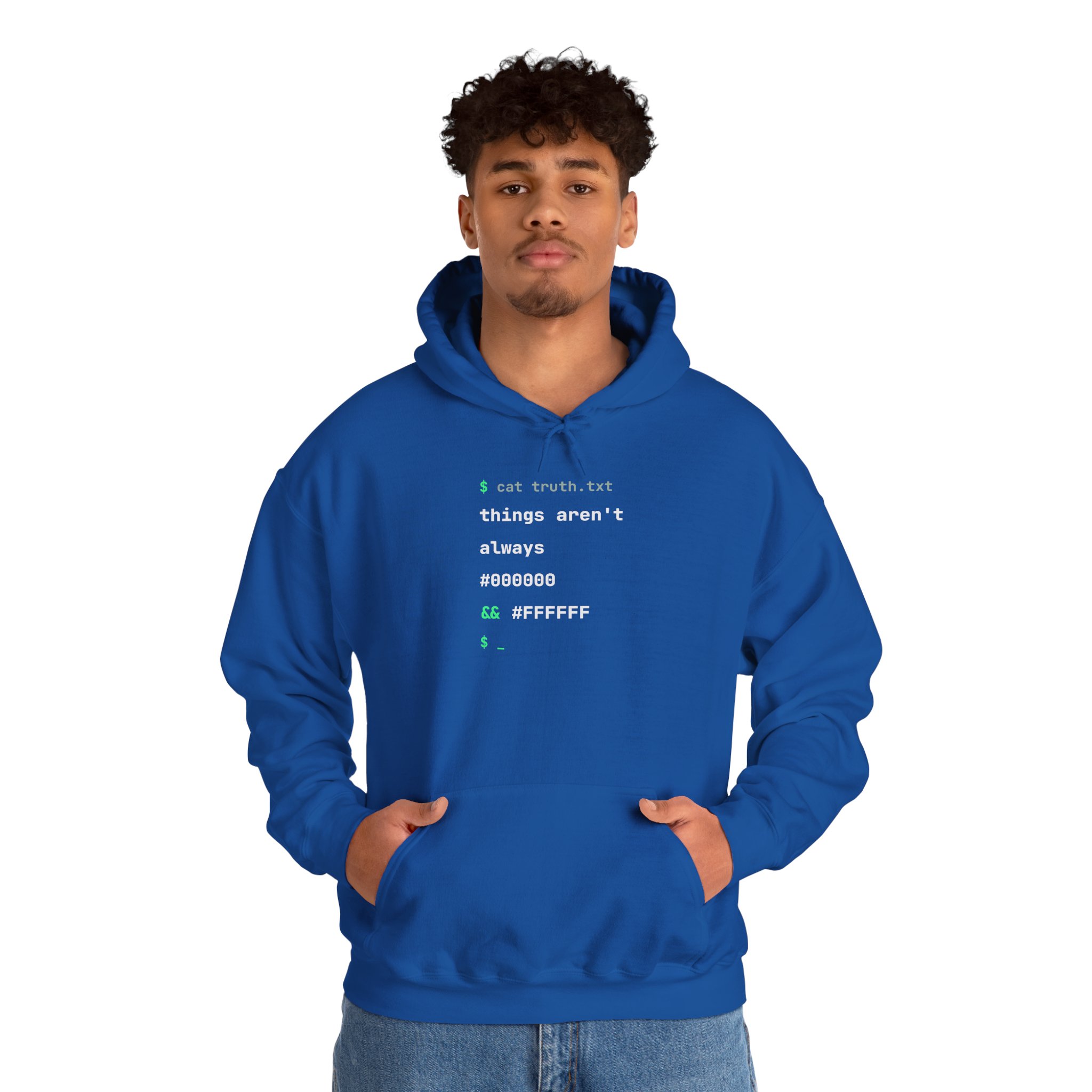 cat truth.txt hoodie in Royal, worn by a model, second view