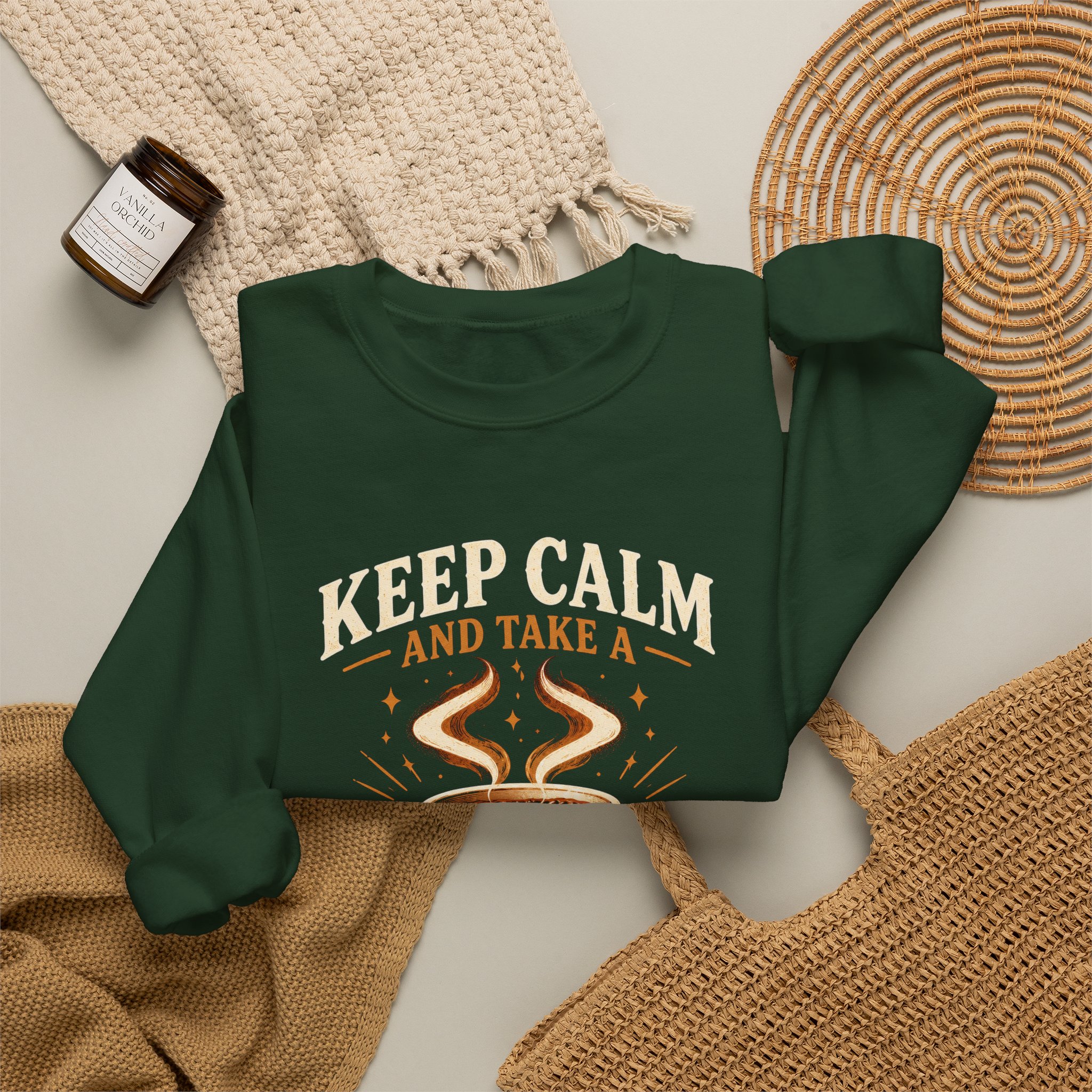 Keep Calm Coffee Break crewneck sweatshirt in Forest Green, folded 2