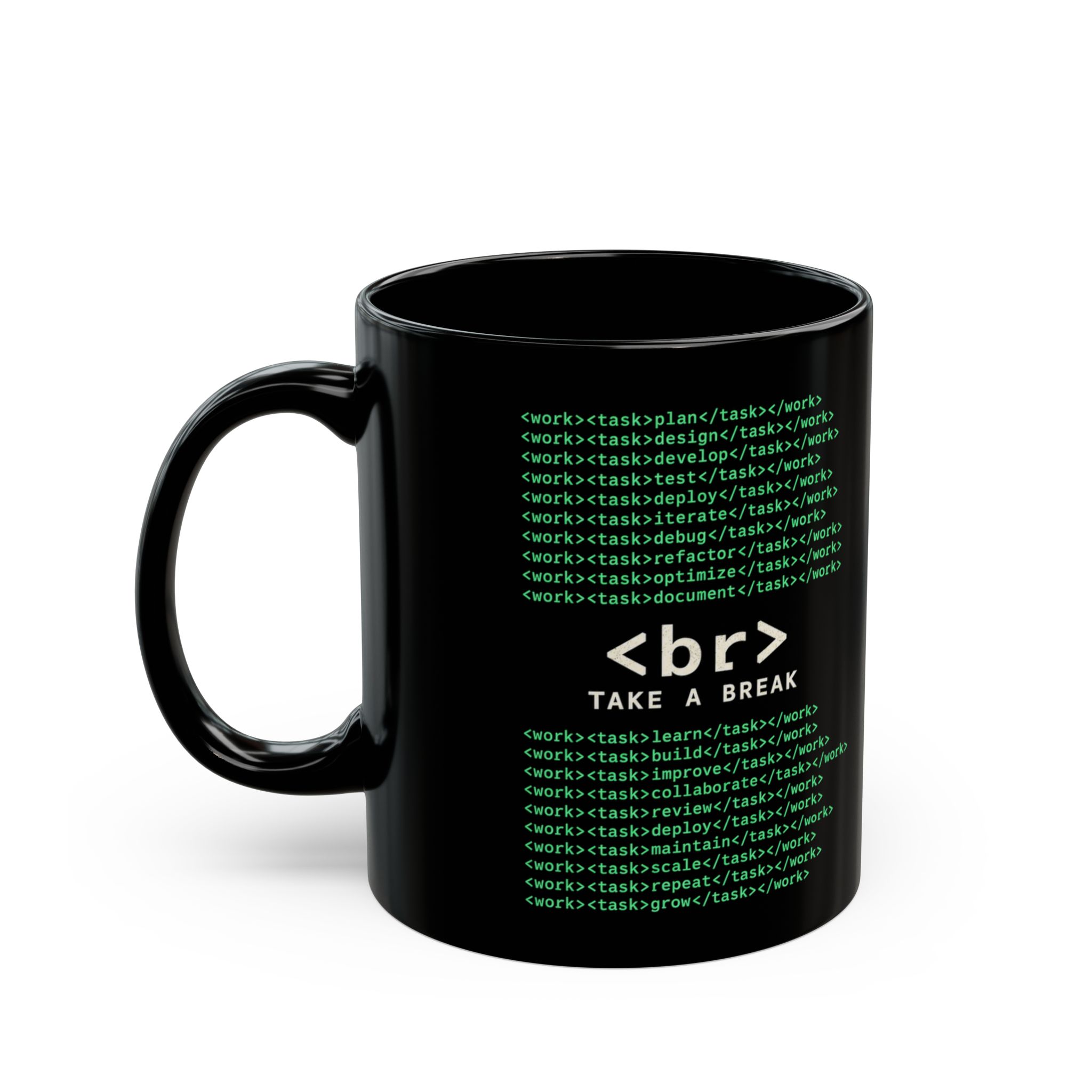 Work Work Break black mug, 11 oz, left side