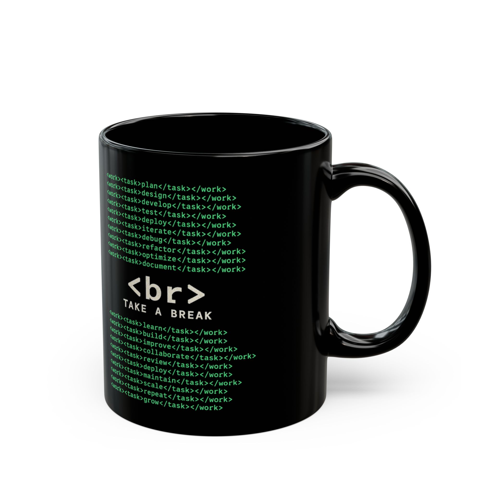 Work Work Break black mug, 11 oz, right side