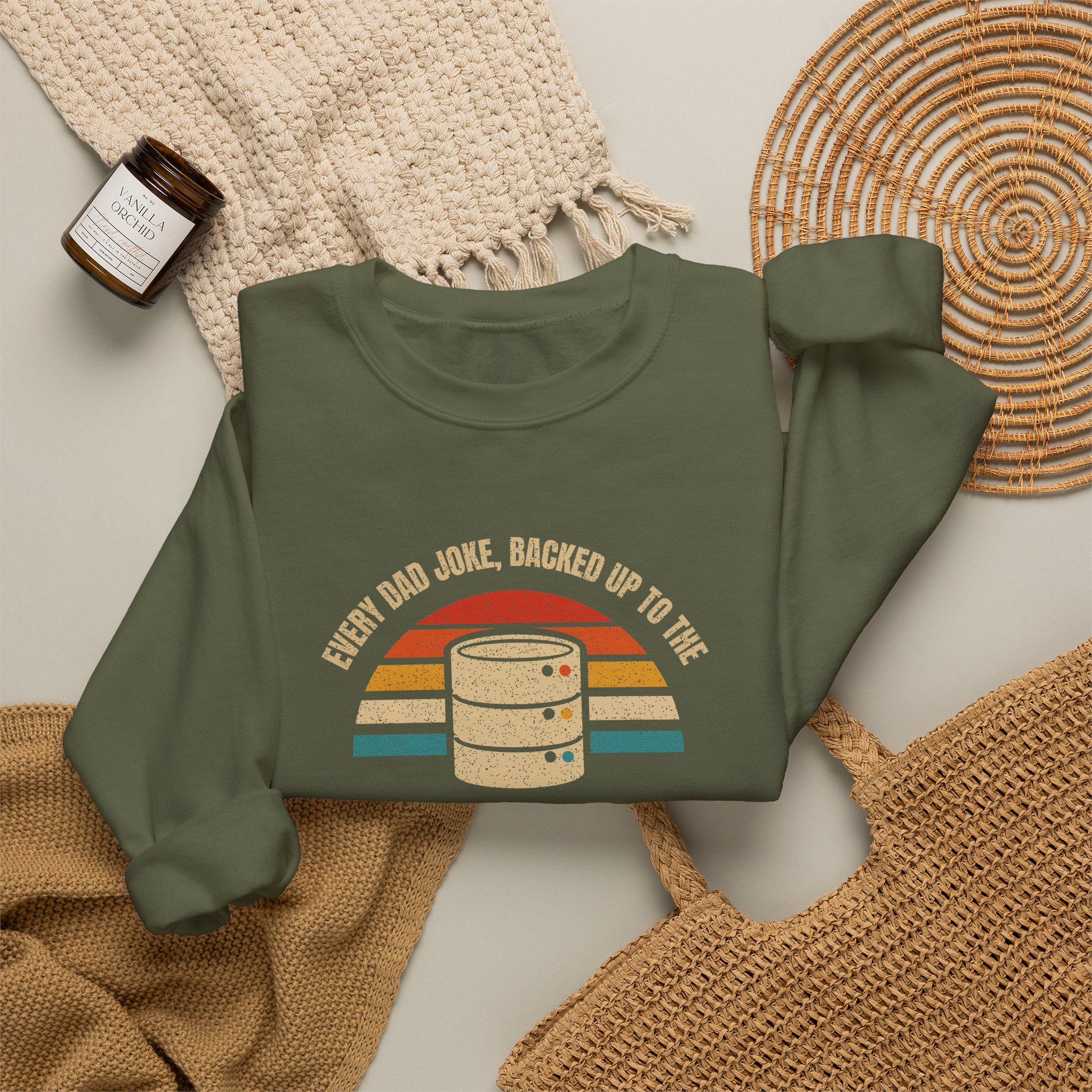 Dad-a-Base crewneck sweatshirt in Military Green, folded 2