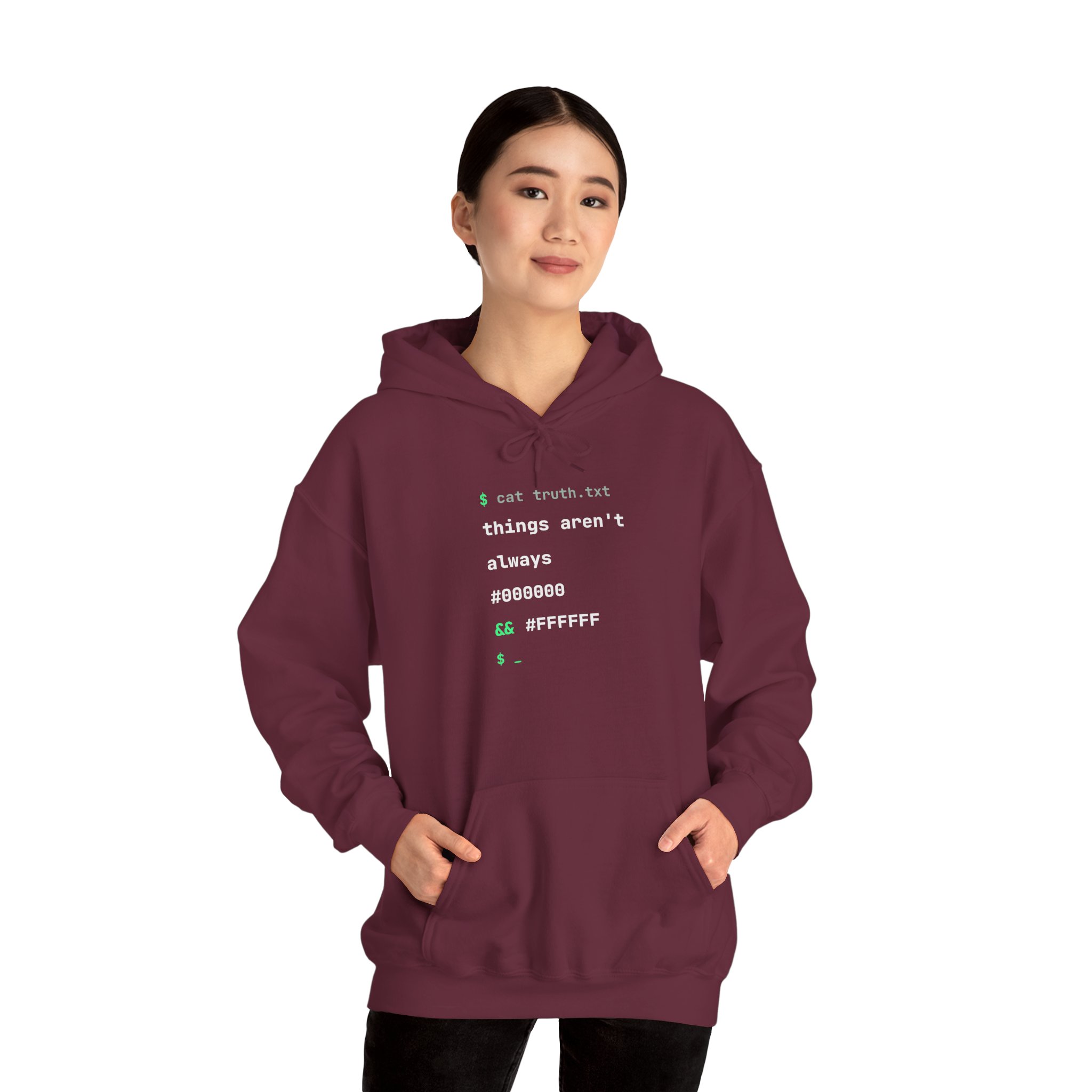 cat truth.txt hoodie in Maroon, worn by a model