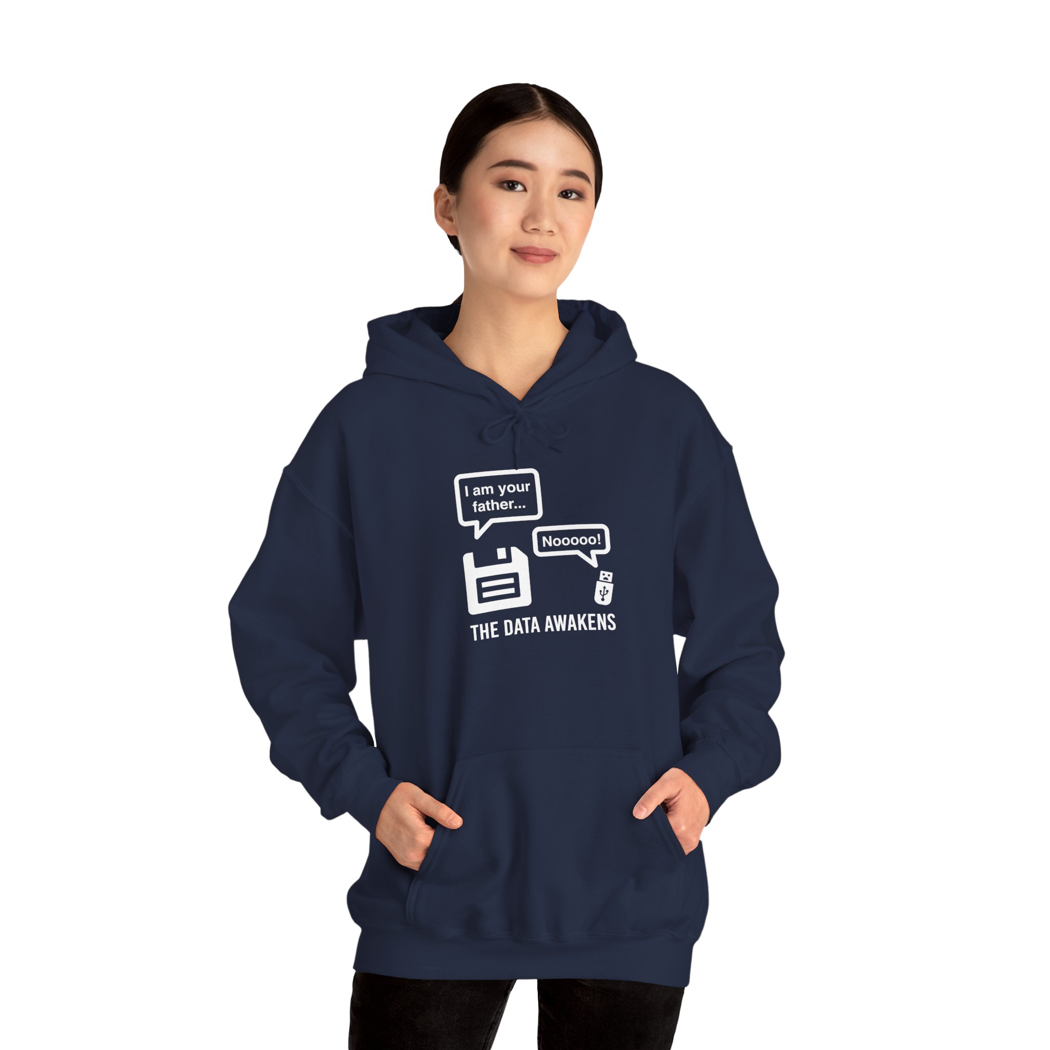 The Data Awakens hoodie in Navy, worn by a model