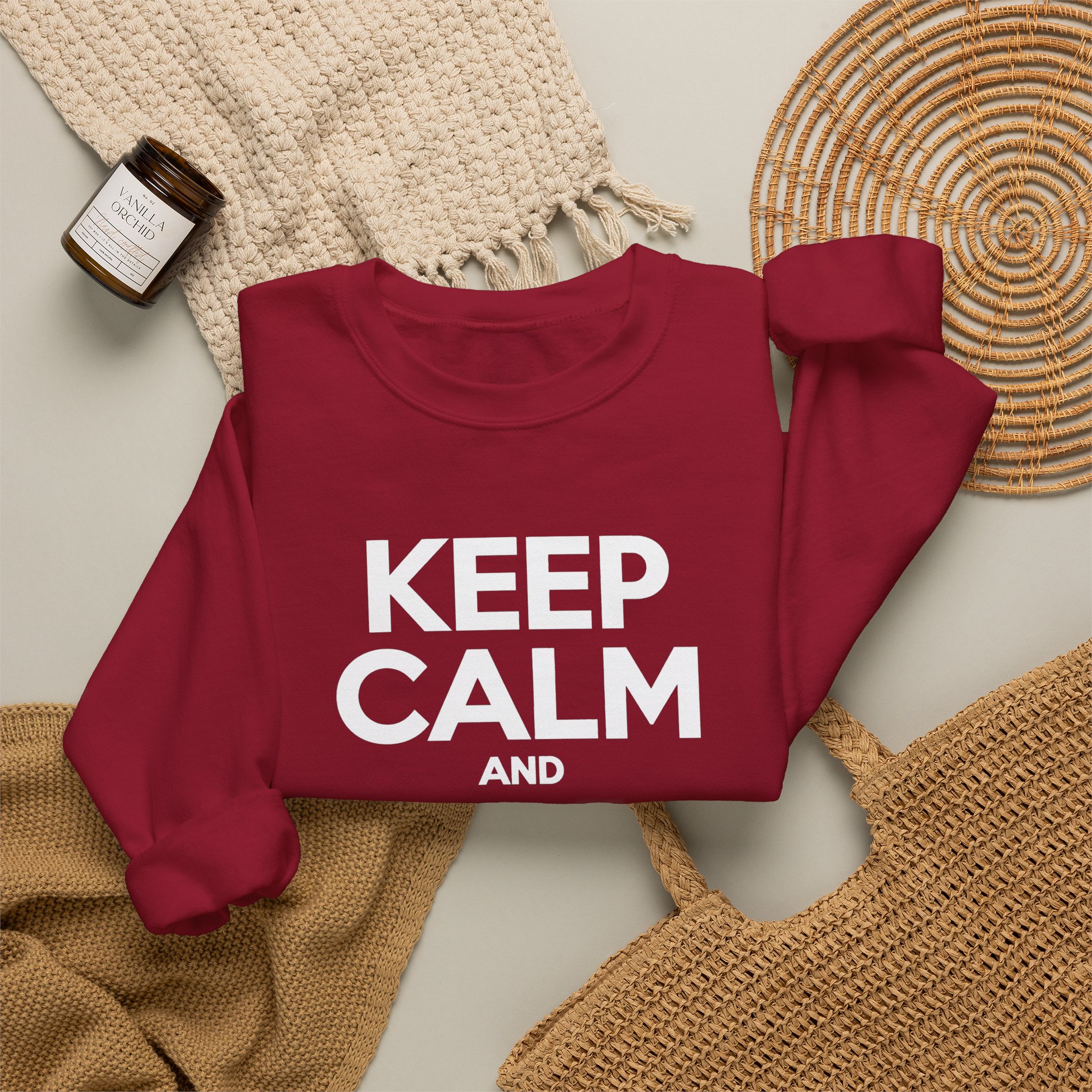Keep Calm and Take a Break crewneck sweatshirt in Cardinal Red, folded 2