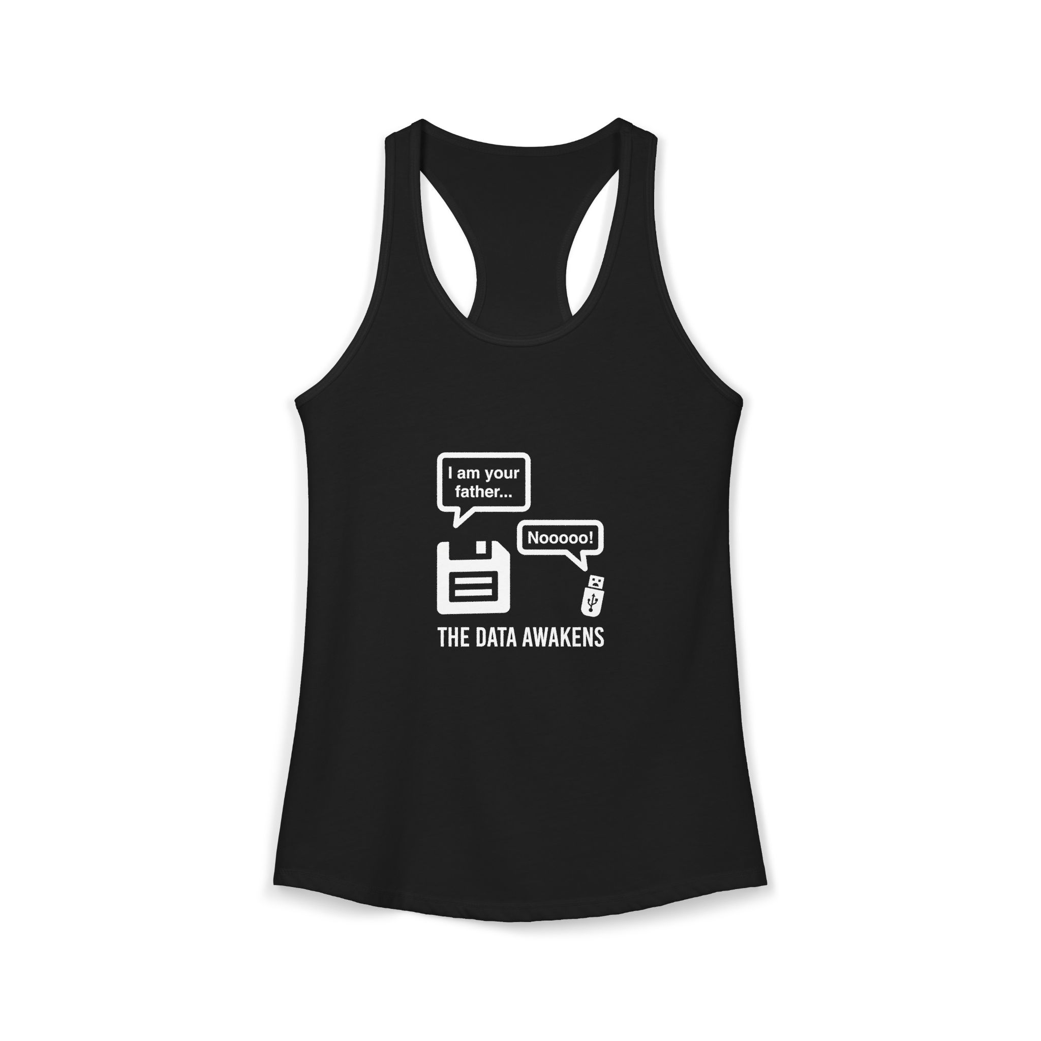The Data Awakens women's racerback tank in Solid Black, front 2
