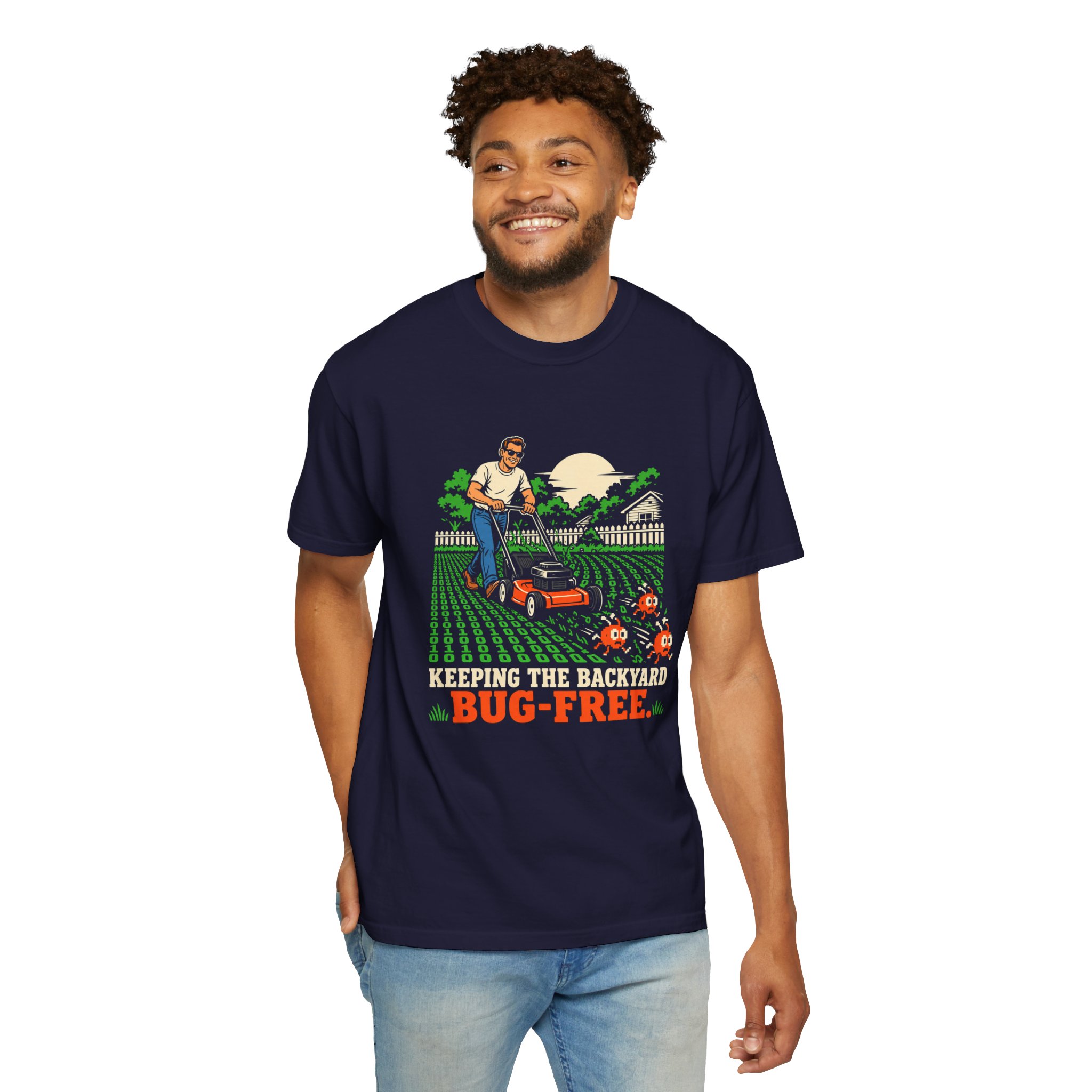 Bug-Free Backyard T-shirt in True Navy, worn by a man, second model