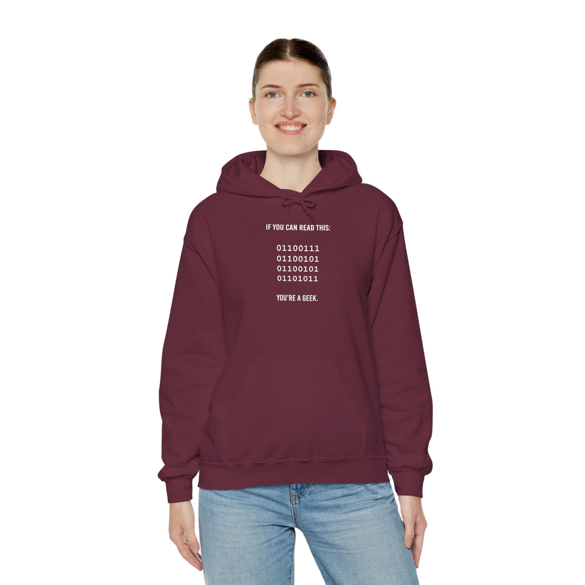 Geek Binary Code hoodie in Maroon, worn by a model, third view