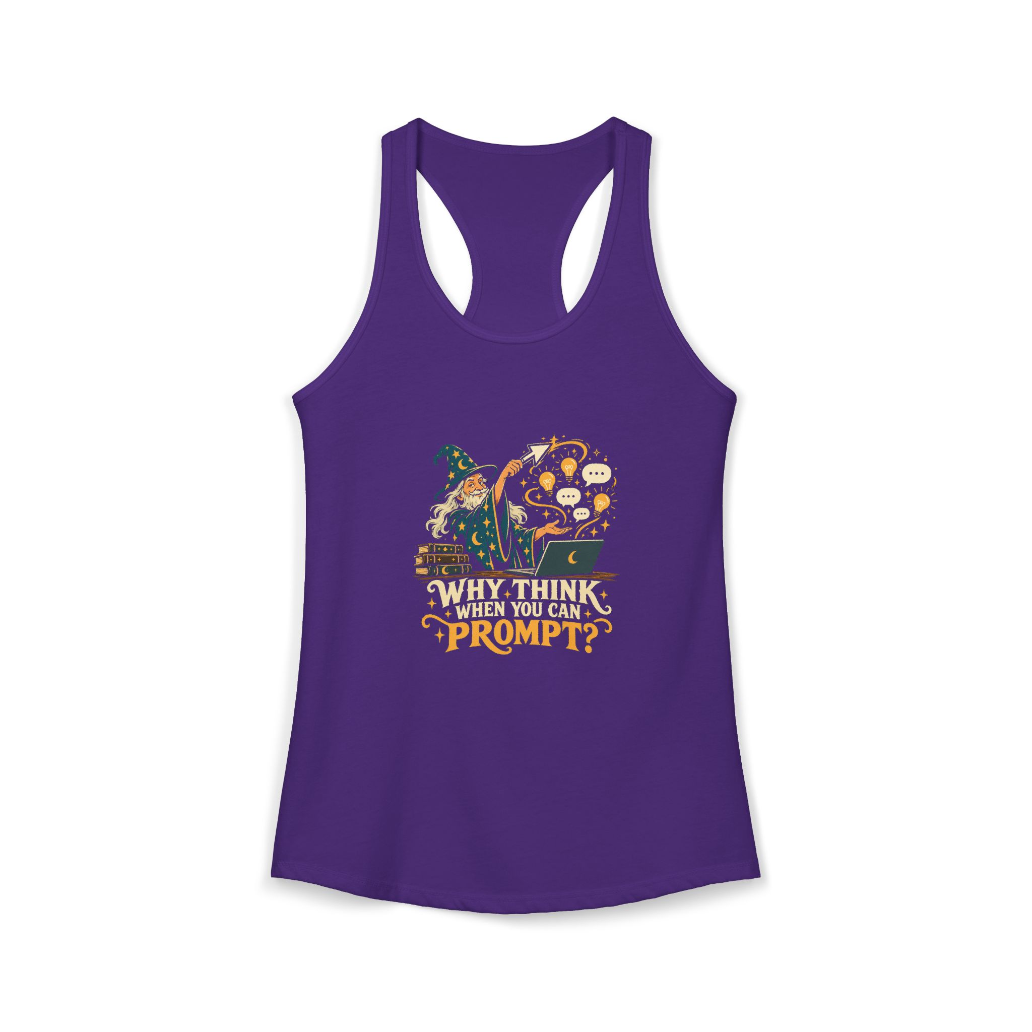 Prompt Wizard women's racerback tank in Solid Purple Rush, front 2