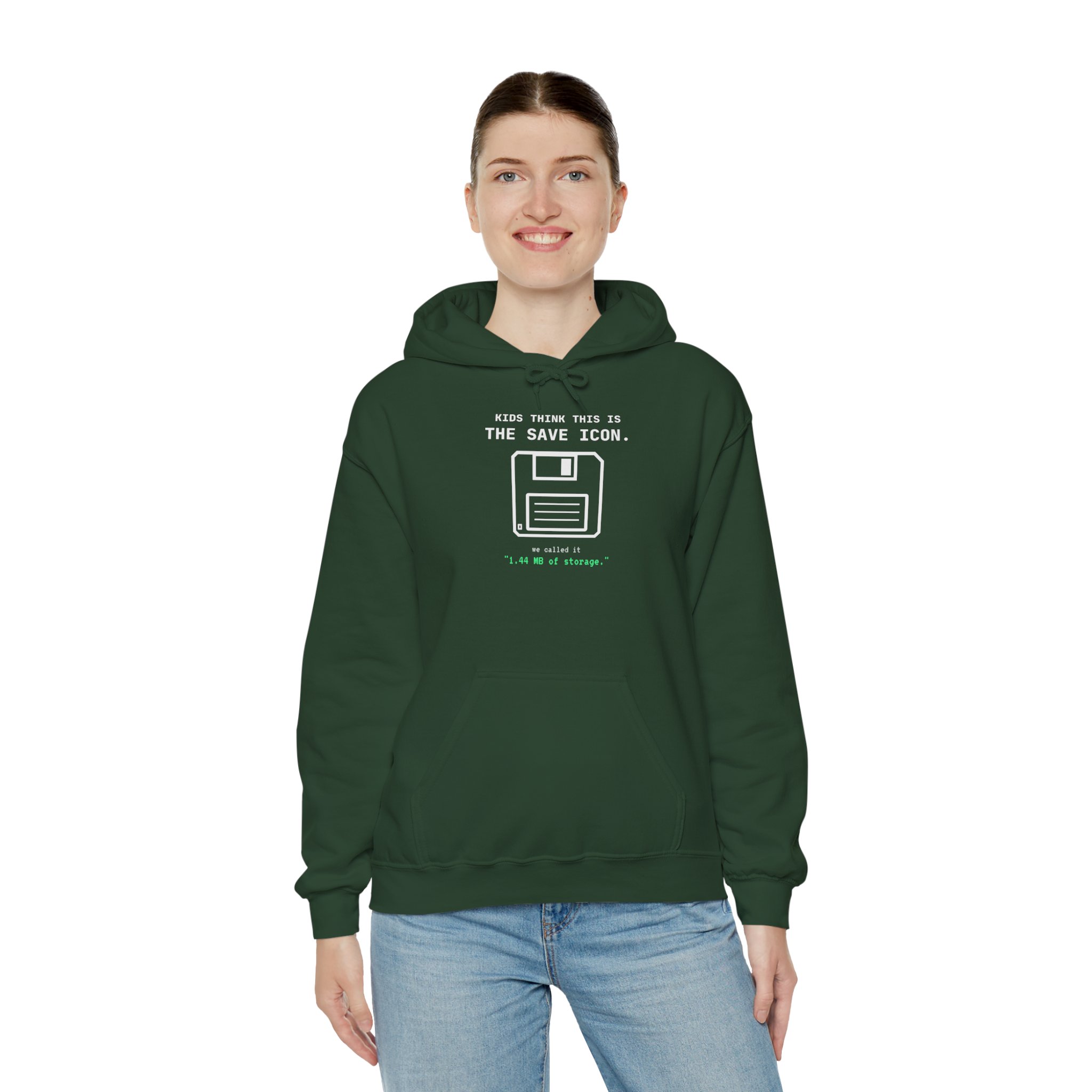 The Original Save Icon hoodie in Forest Green, worn by a model, third view