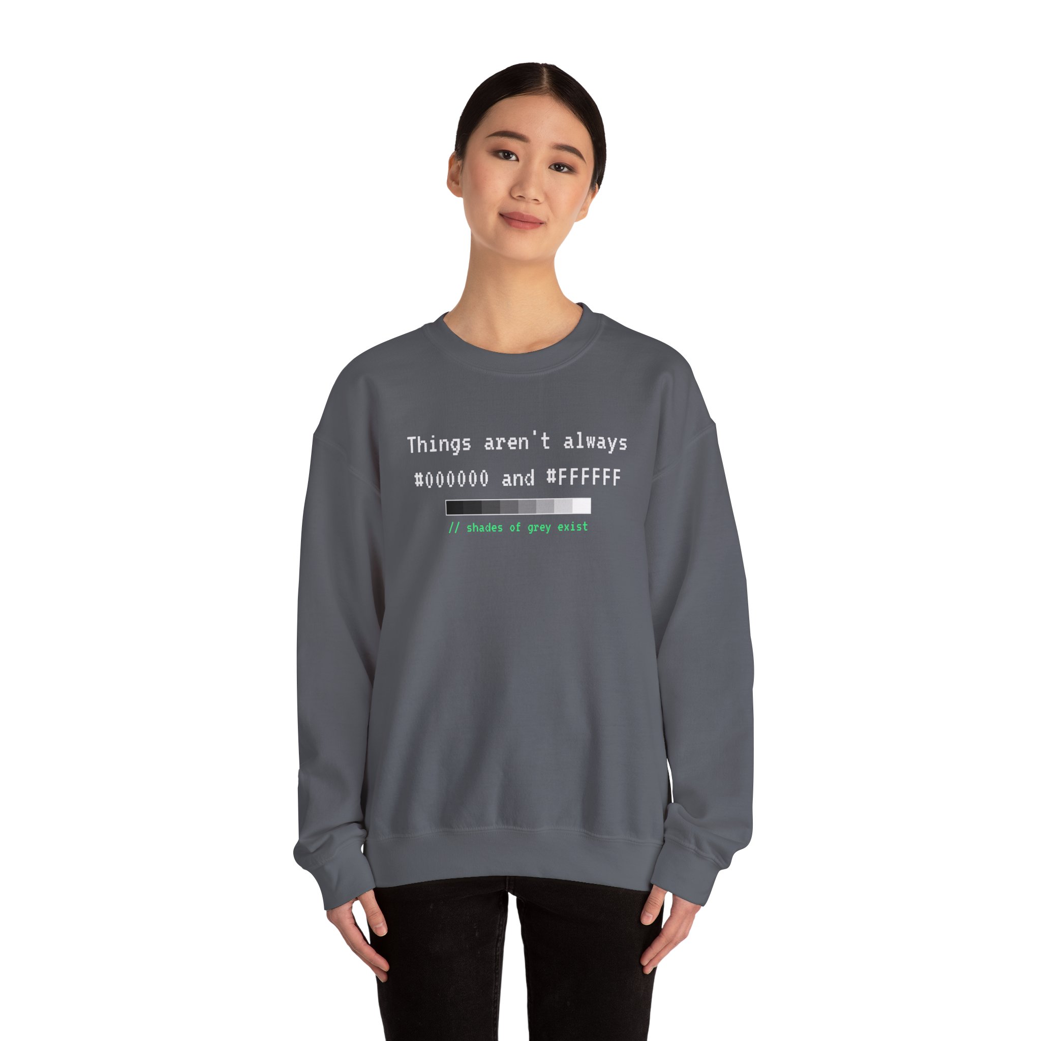 Shades of Grey Exist crewneck sweatshirt in Charcoal, worn by a model