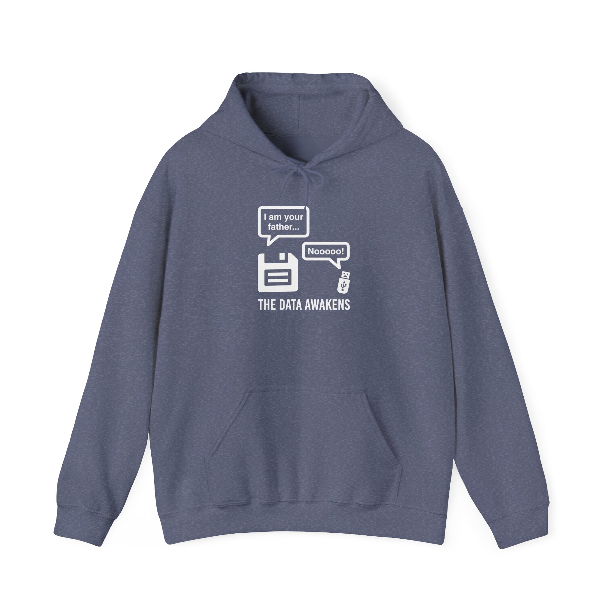 The Data Awakens hoodie in Heather Navy, front view