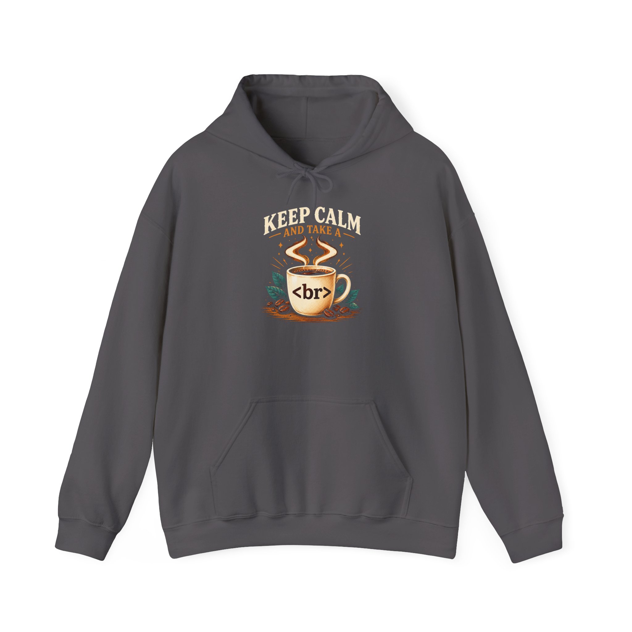Keep Calm Coffee Break hoodie in Charcoal, front view