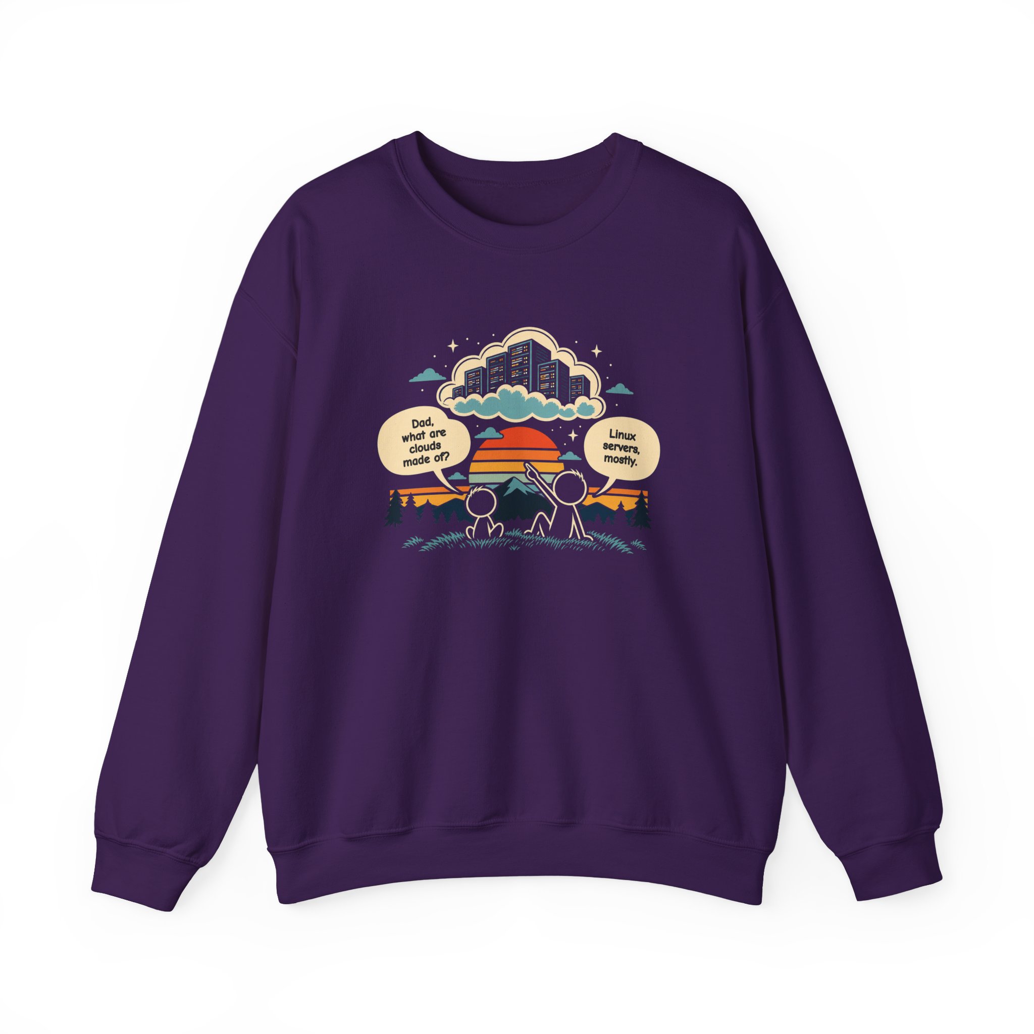 Linux Clouds crewneck sweatshirt in Purple, front view