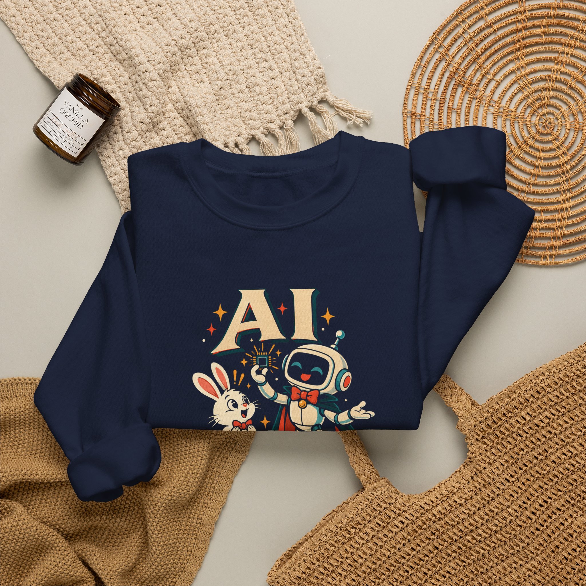 AI Magic Bunny crewneck sweatshirt in Navy, folded 2