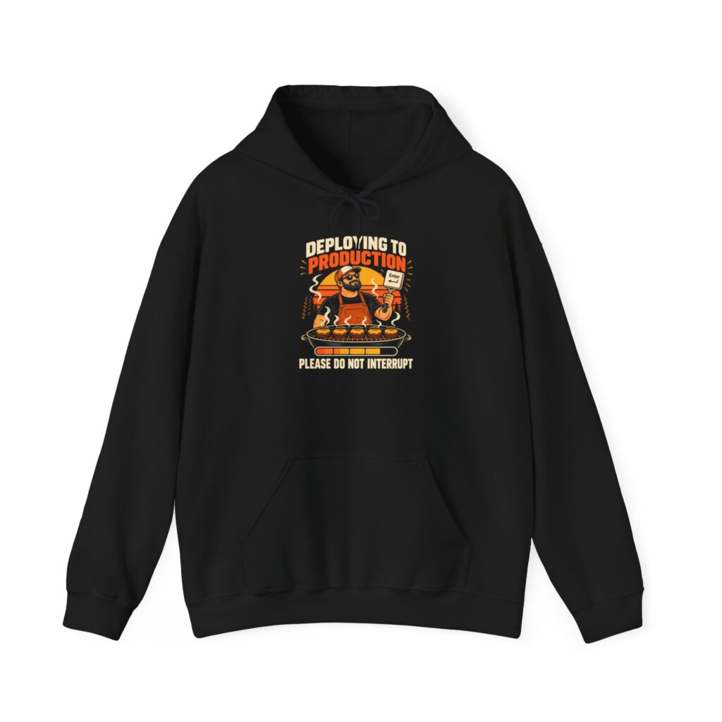 Deploying to Production hoodie in Black, front view