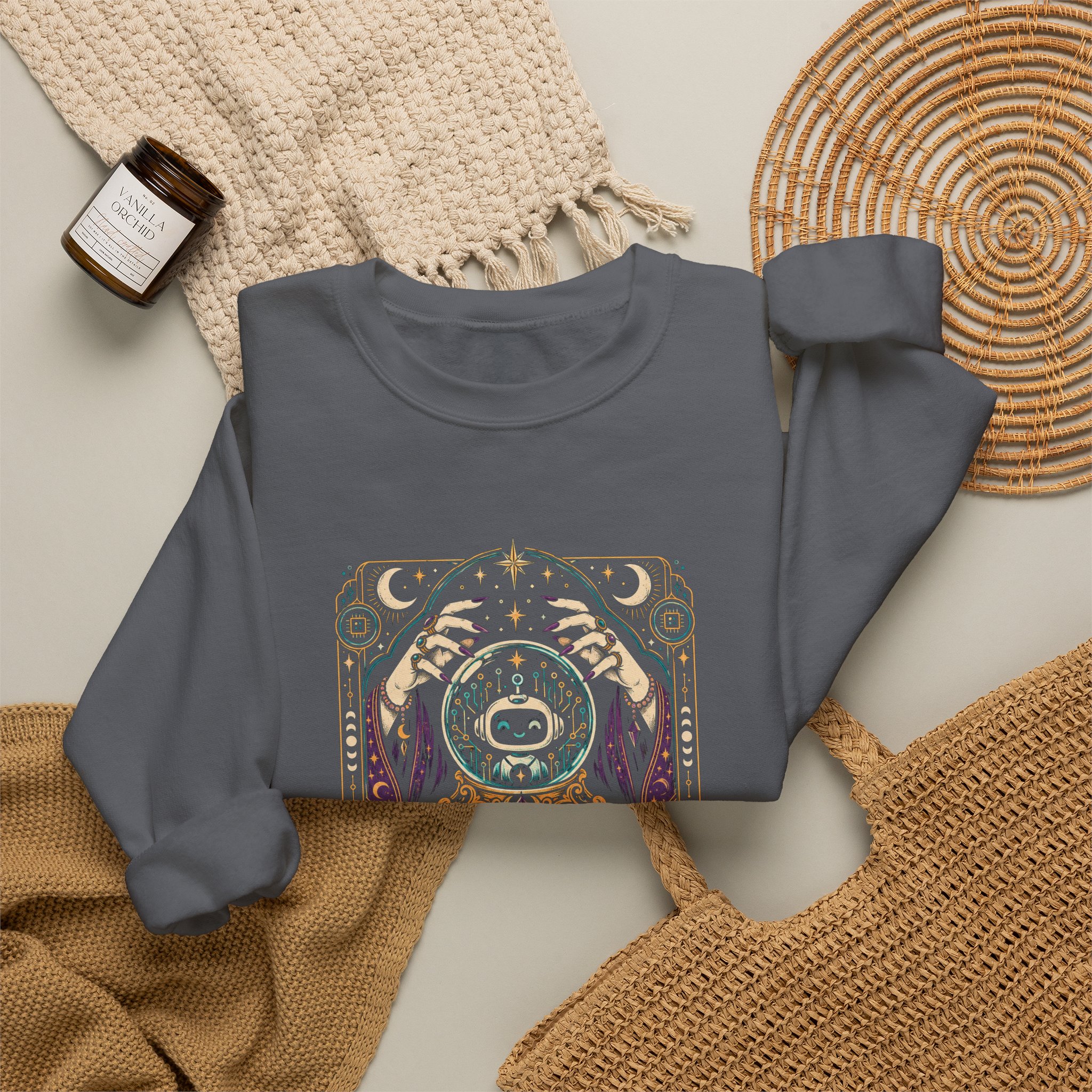 AI Magic Crystal Ball crewneck sweatshirt in Charcoal, folded 2