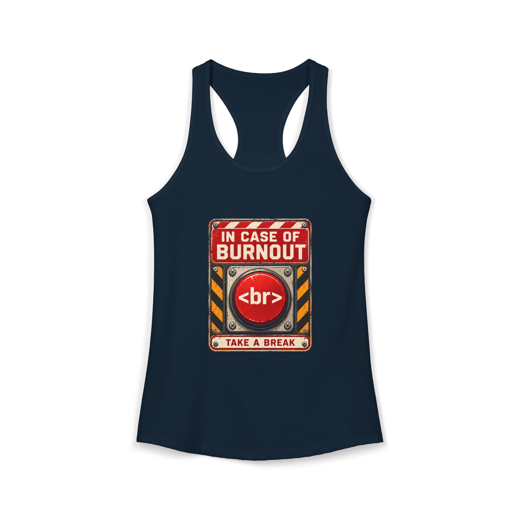 In Case of Burnout women's racerback tank in Solid Midnight Navy, front 2