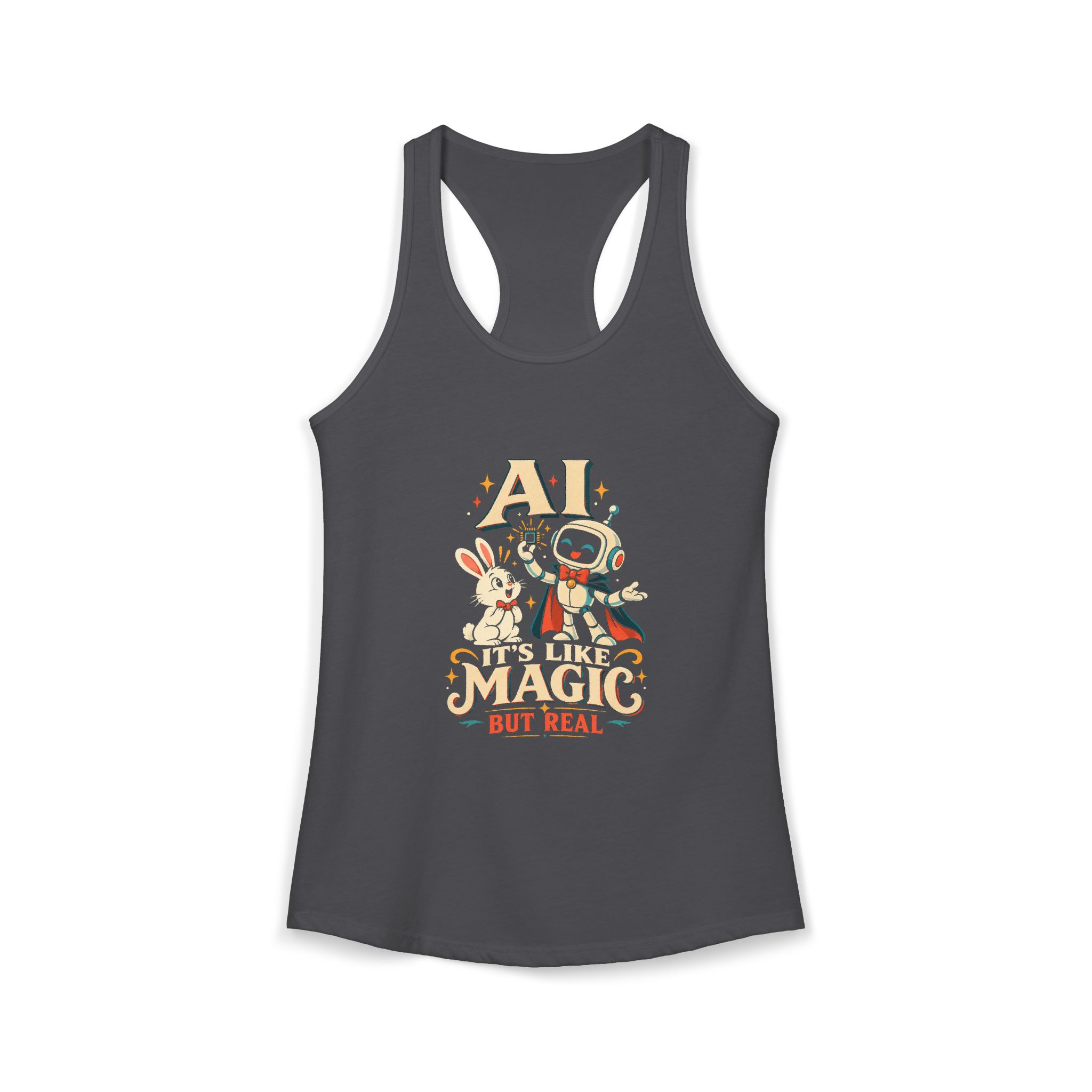 AI Magic Bunny women's racerback tank in Solid Dark Gray, front 2