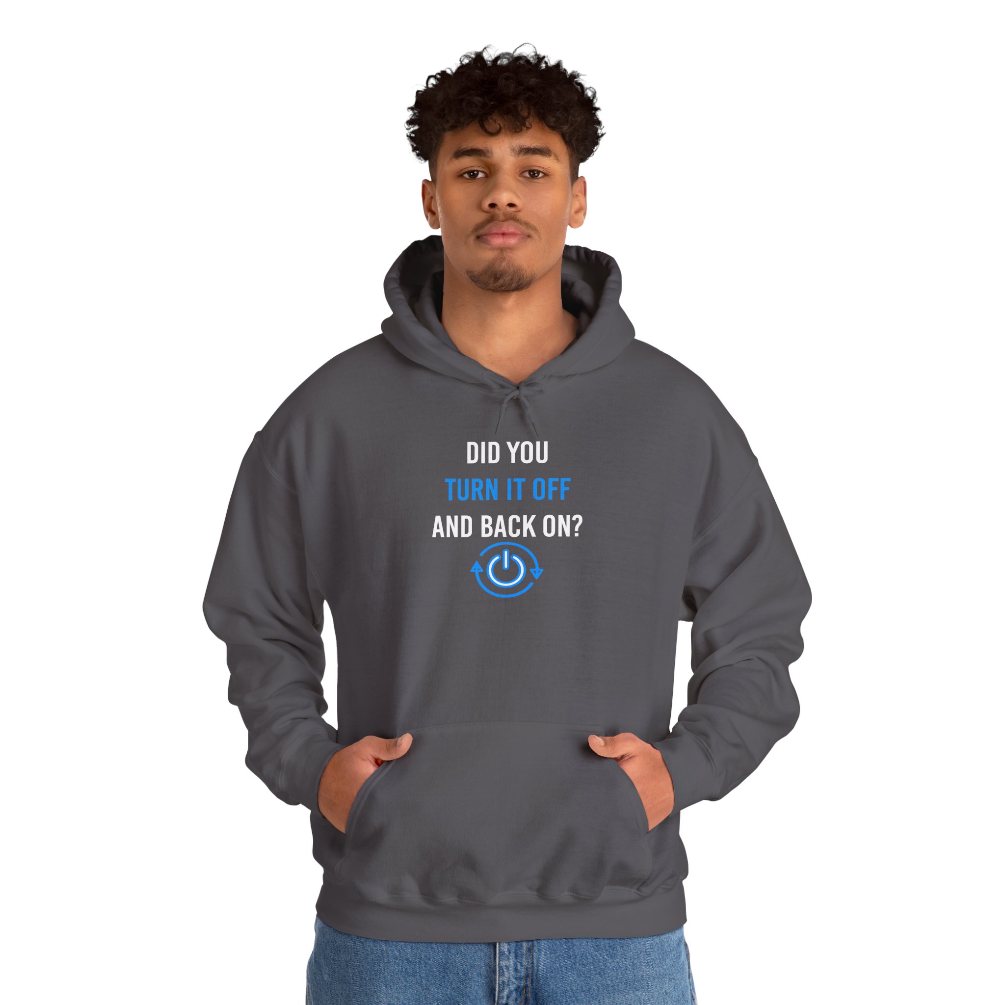 Did You Turn It Off and Back On? hoodie in Charcoal, worn by a model, second view