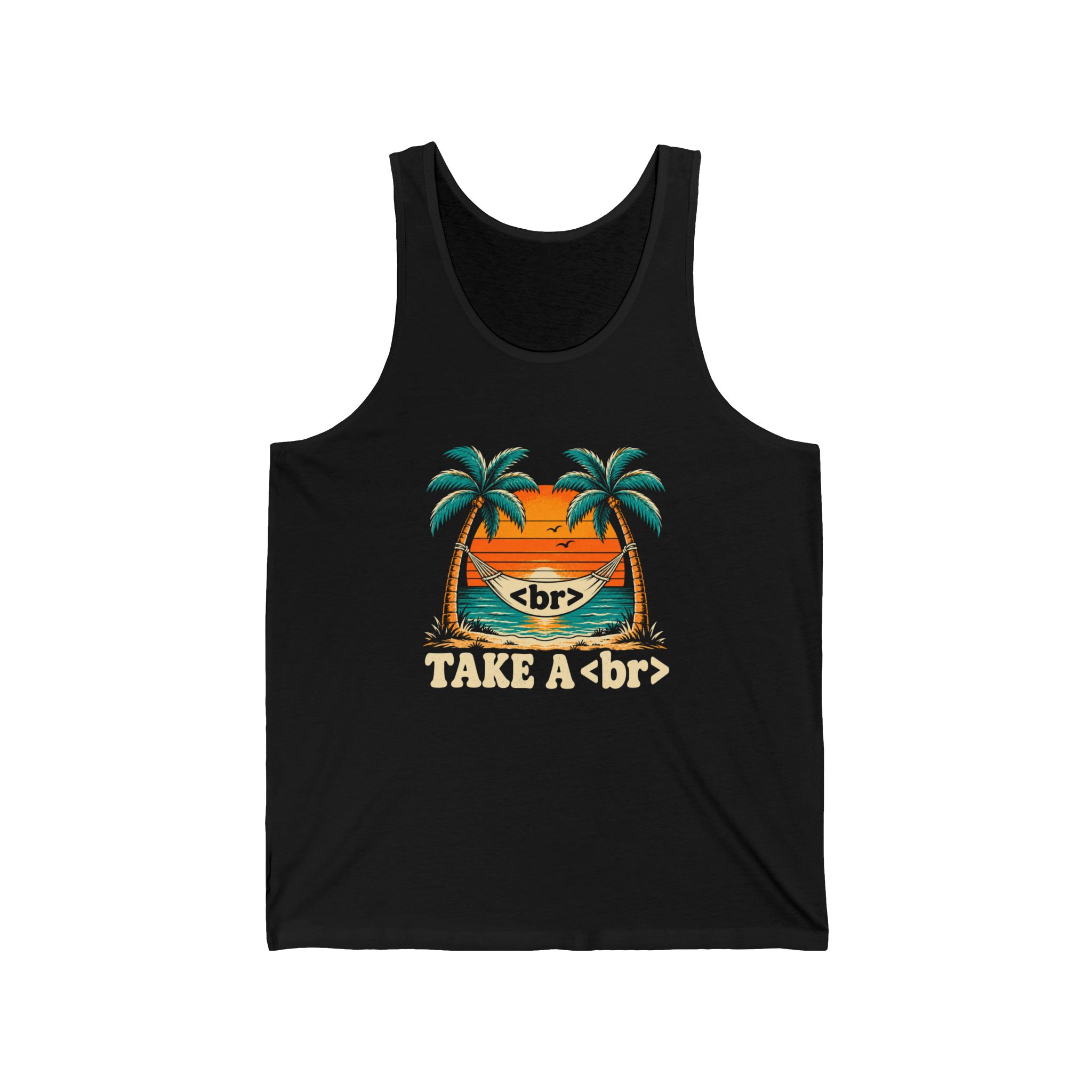 Take a Break Hammock unisex tank in Black, front view