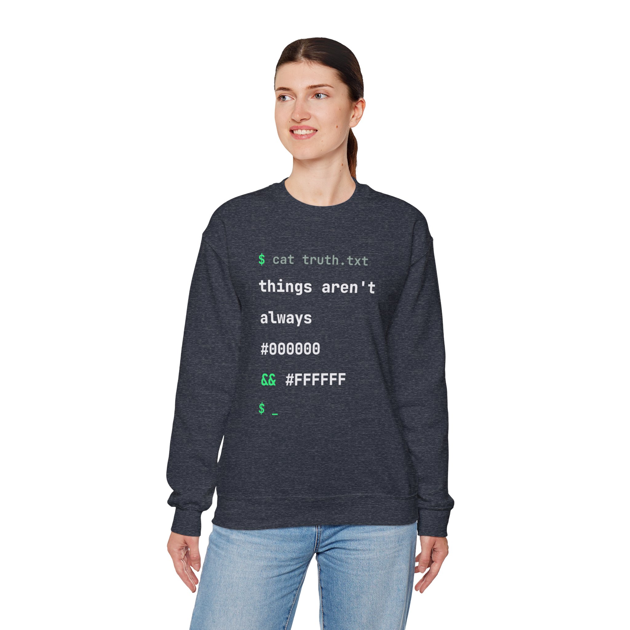 cat truth.txt crewneck sweatshirt in Heather Sport Dark Navy, worn by a model, fourth view