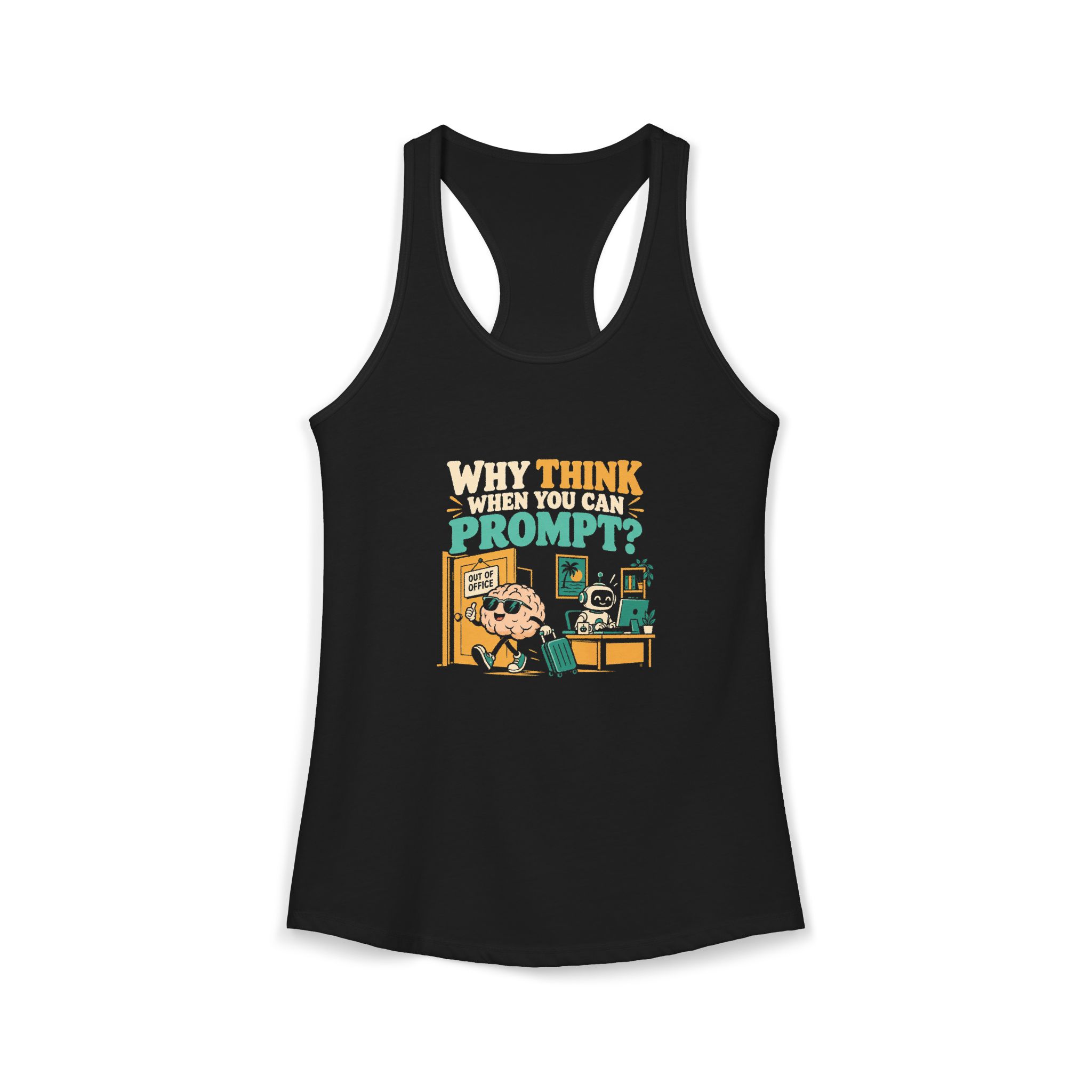 Prompt Out of Office women's racerback tank in Solid Black, front 2