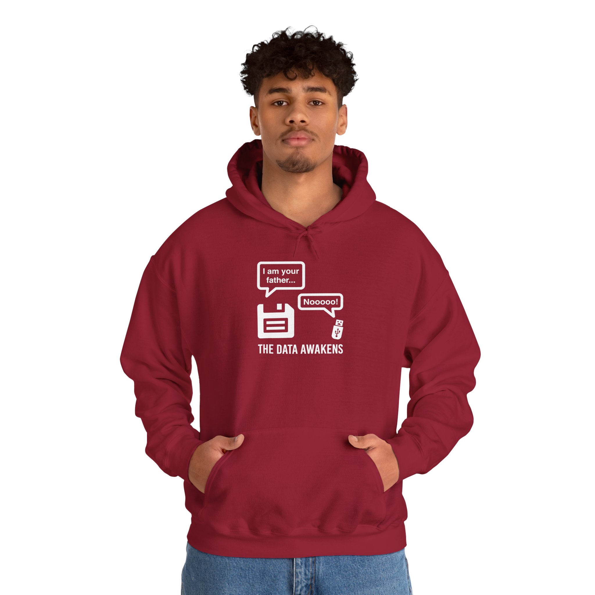 The Data Awakens hoodie in Cardinal Red, worn by a model, second view