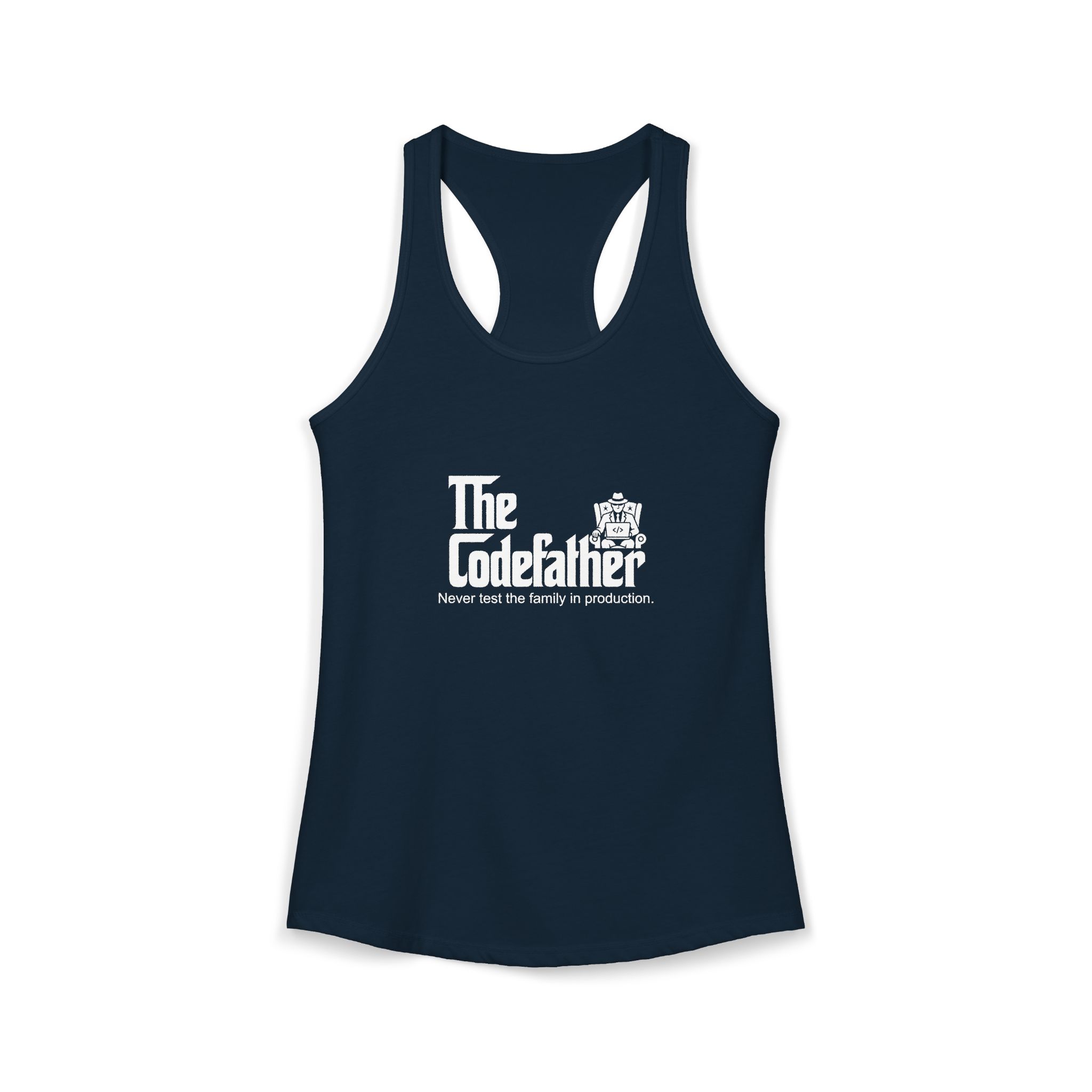 The Codefather women's racerback tank in Solid Midnight Navy, front 2
