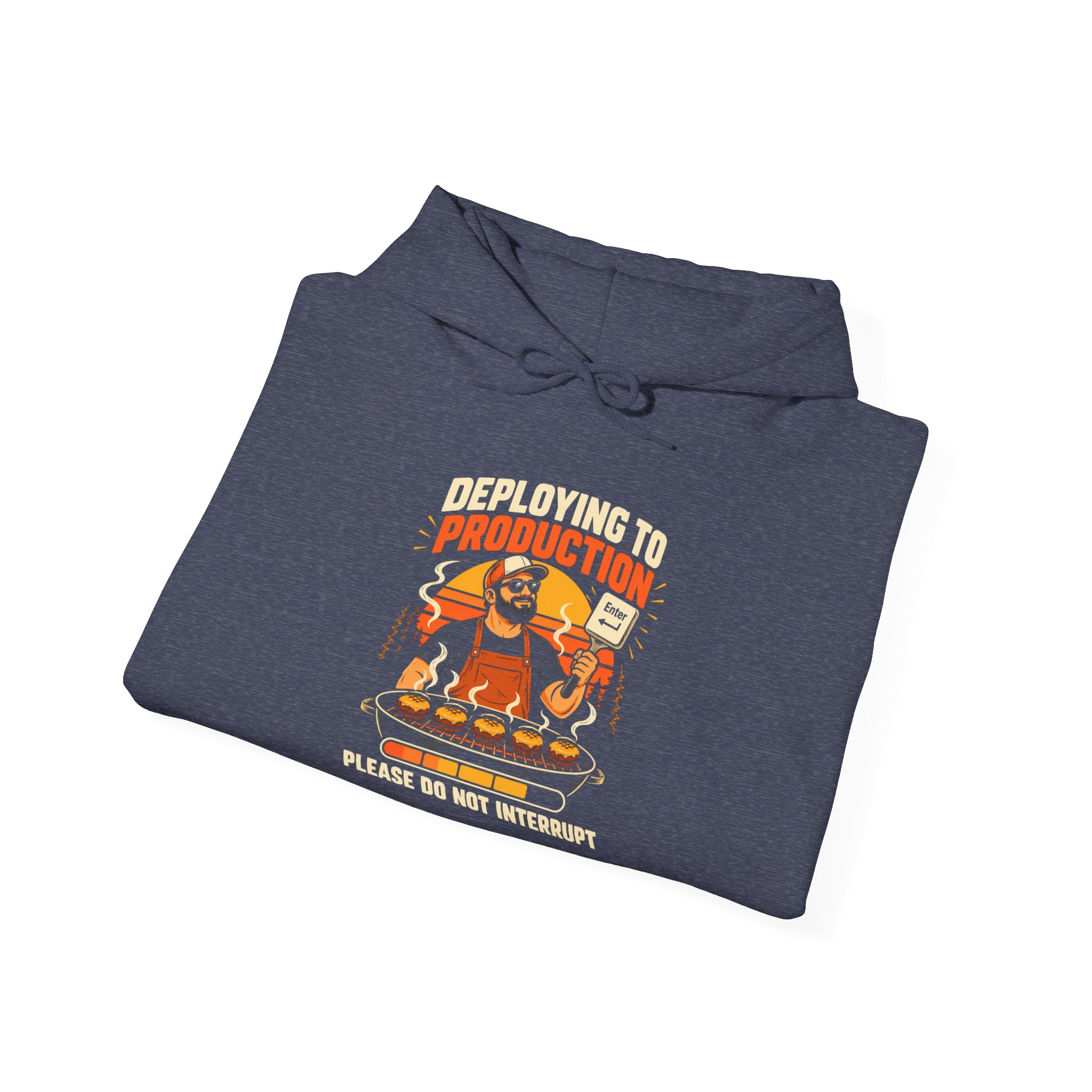 Deploying to Production hoodie in Heather Sport Dark Navy, folded