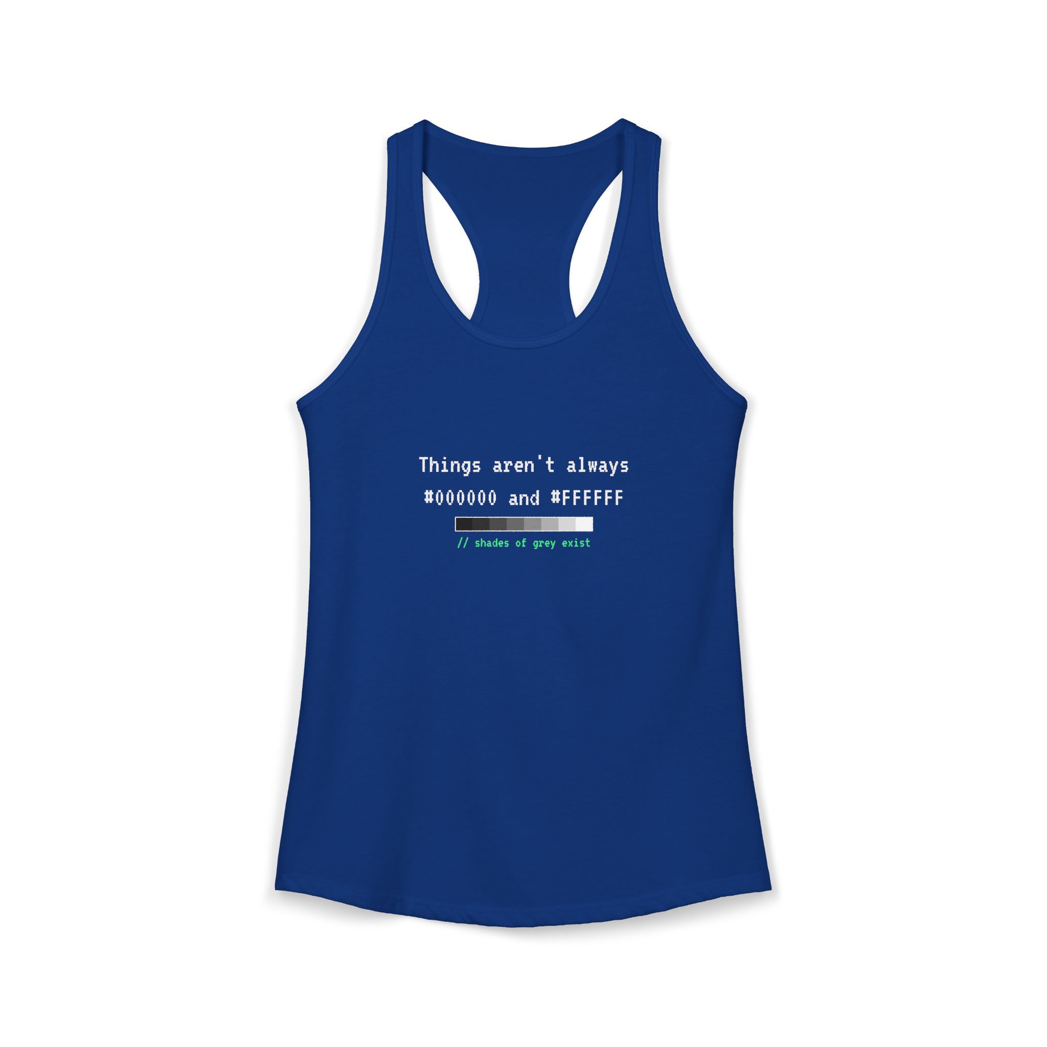 Shades of Grey Exist women's racerback tank in Solid Royal, front 2