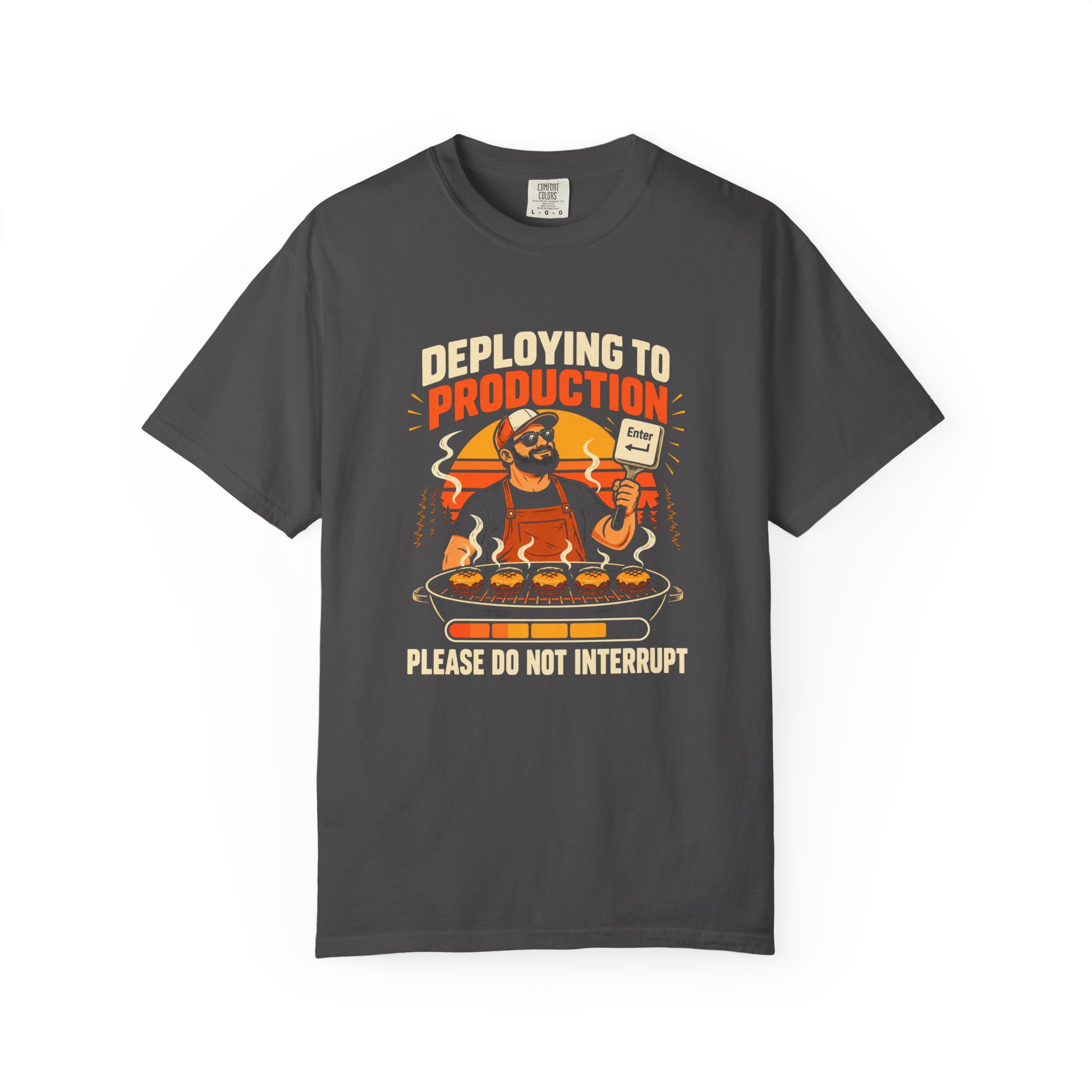 Deploying to Production T-shirt in Graphite, front view