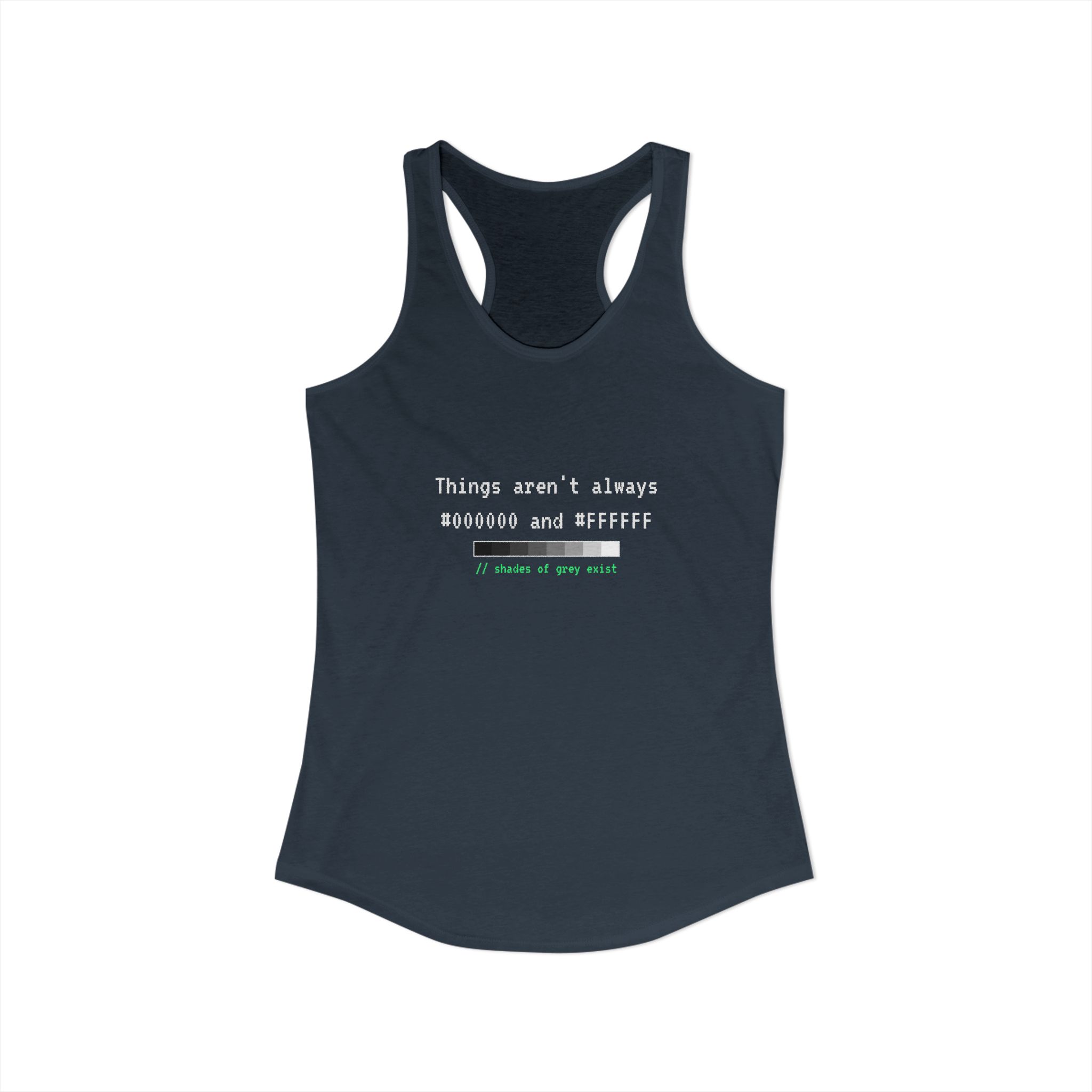 Shades of Grey Exist women's racerback tank in Solid Indigo, front view