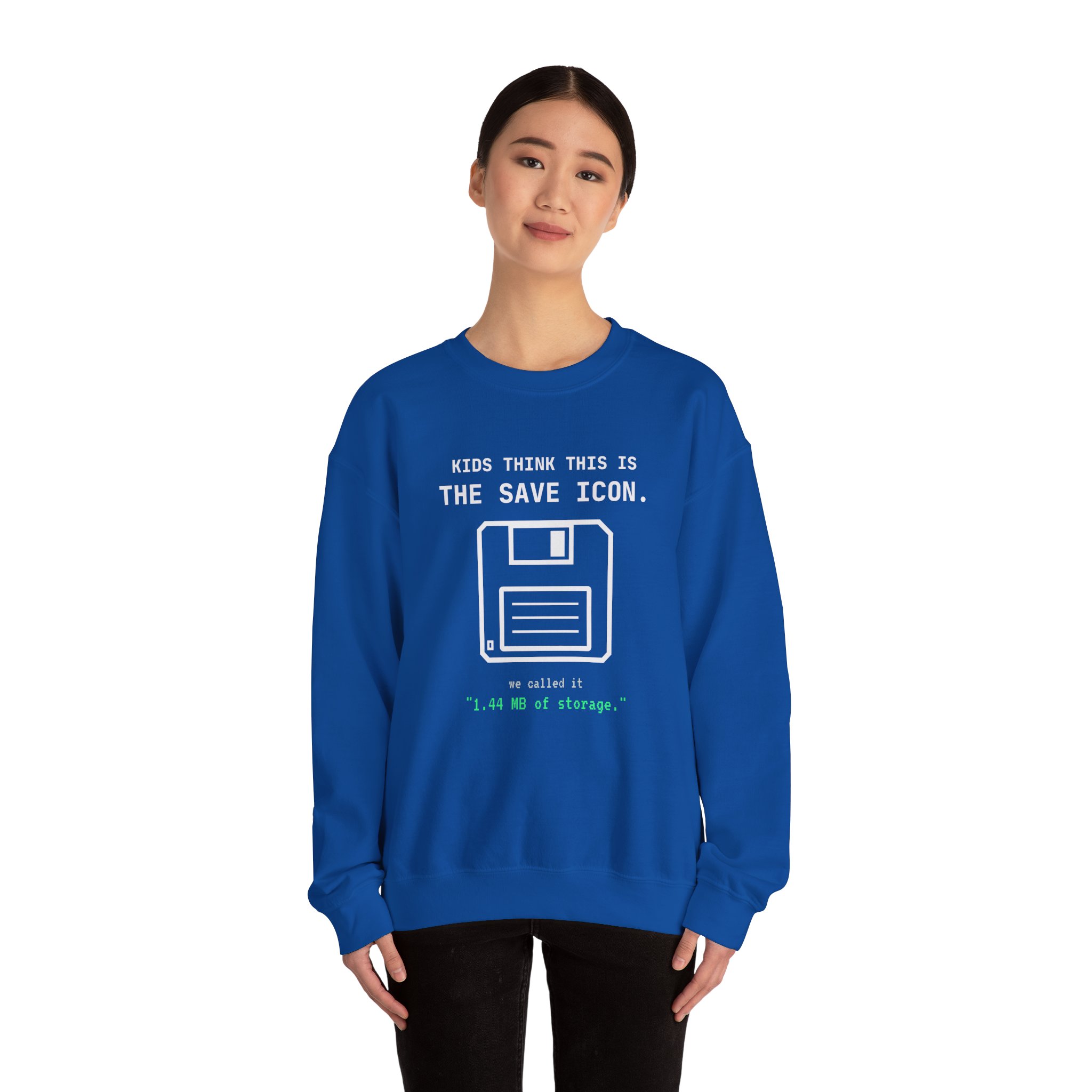 The Original Save Icon crewneck sweatshirt in Royal, worn by a model
