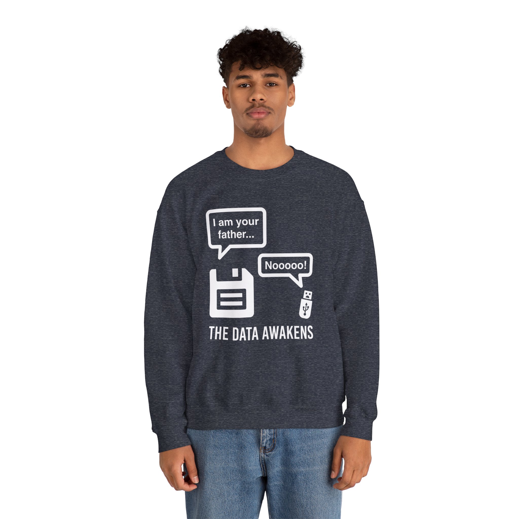 The Data Awakens crewneck sweatshirt in Heather Sport Dark Navy, worn by a model, second view