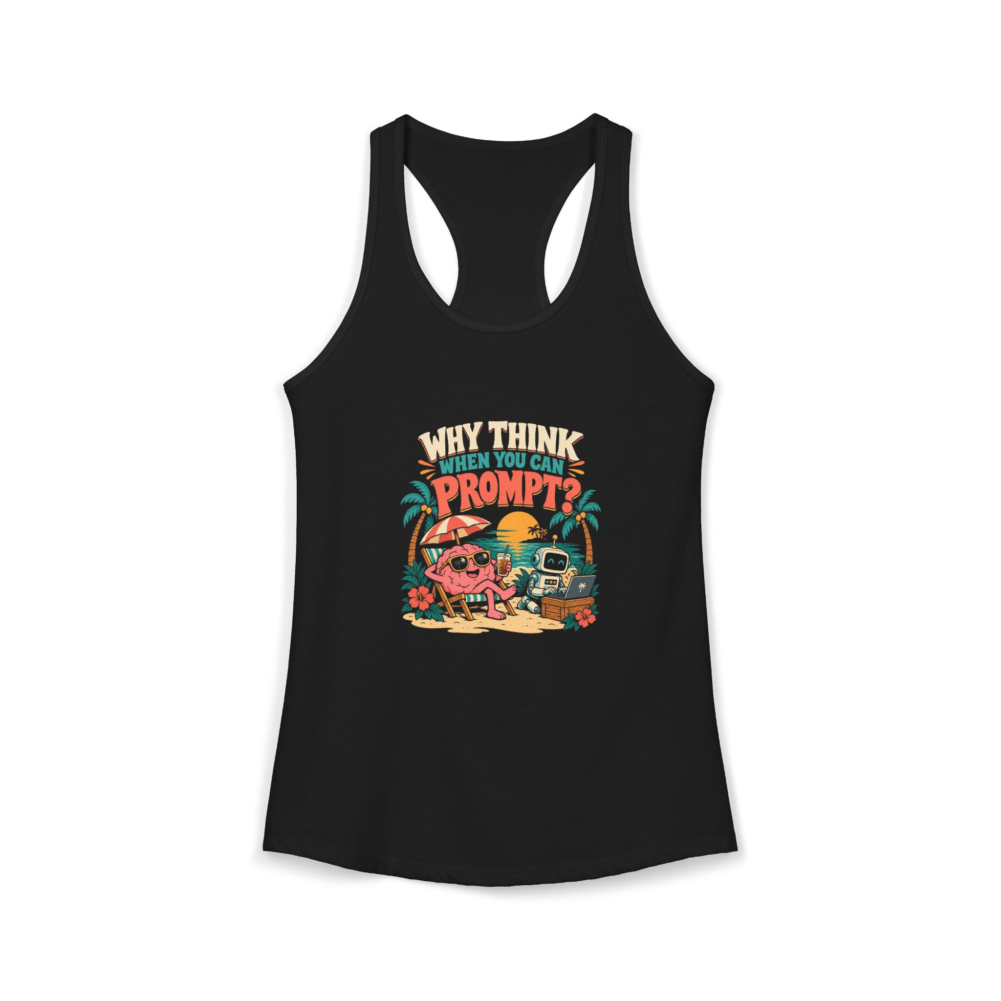 Prompt Beach Brain women's racerback tank in Solid Black, front 2