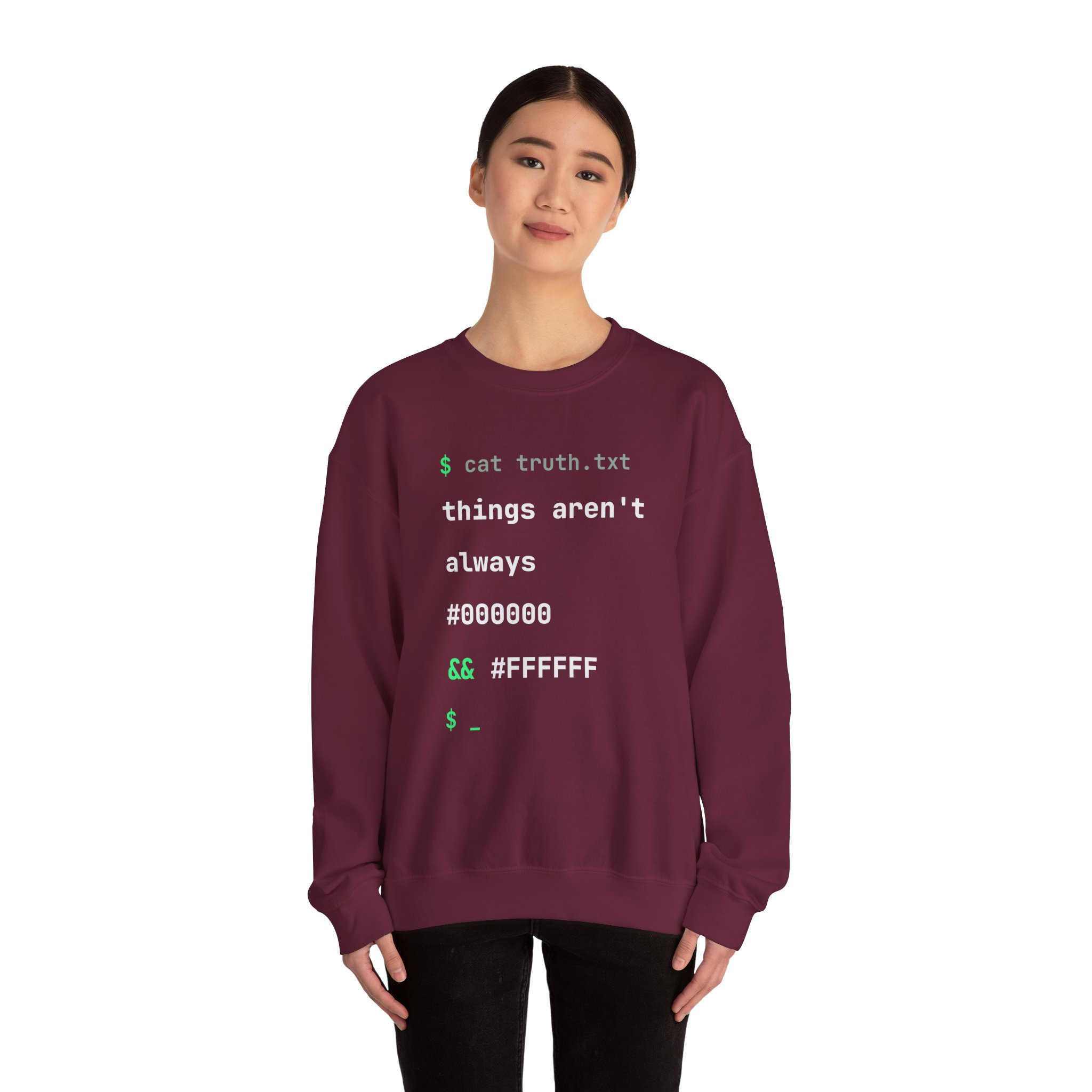 cat truth.txt crewneck sweatshirt in Maroon, worn by a model