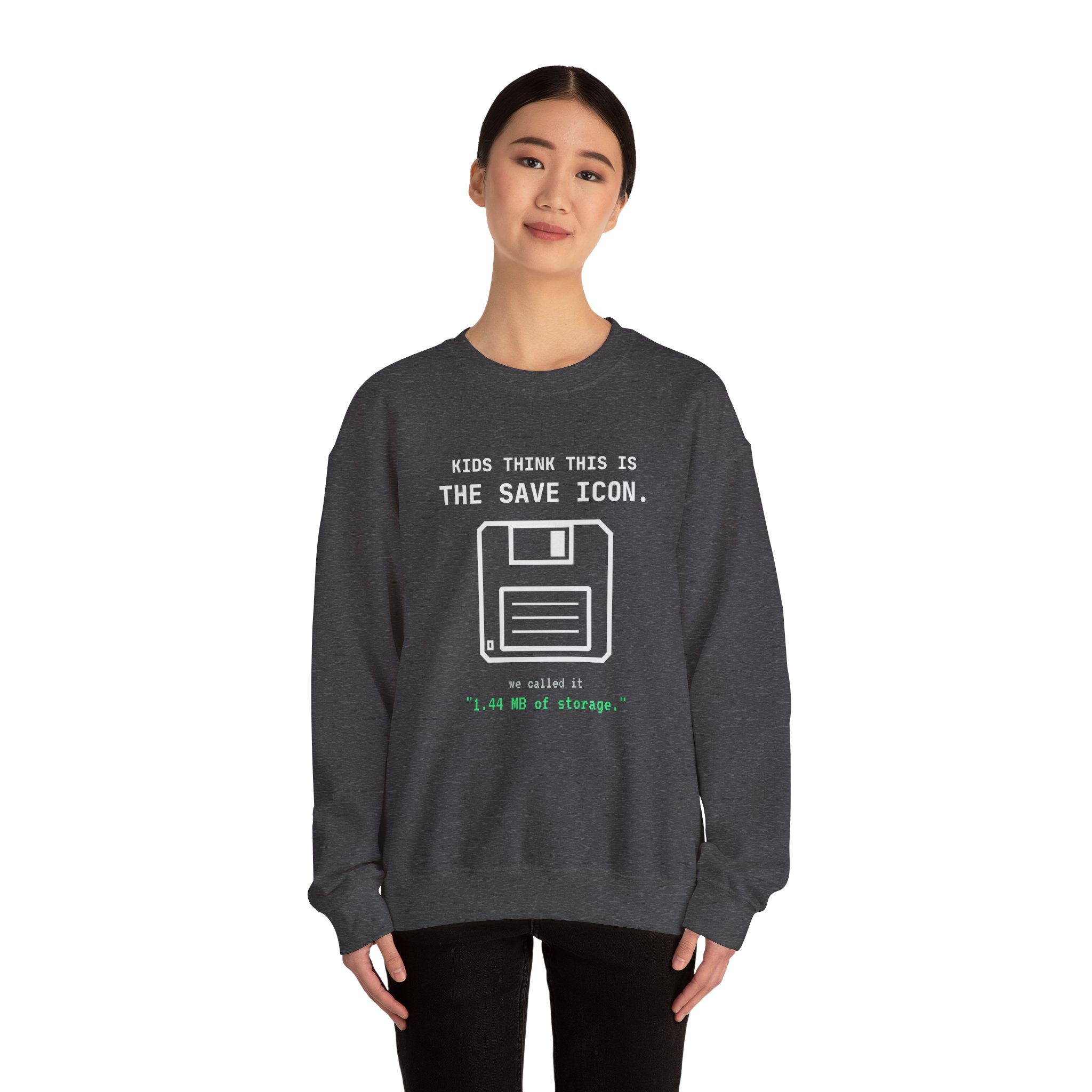 The Original Save Icon crewneck sweatshirt in Dark Heather, worn by a model