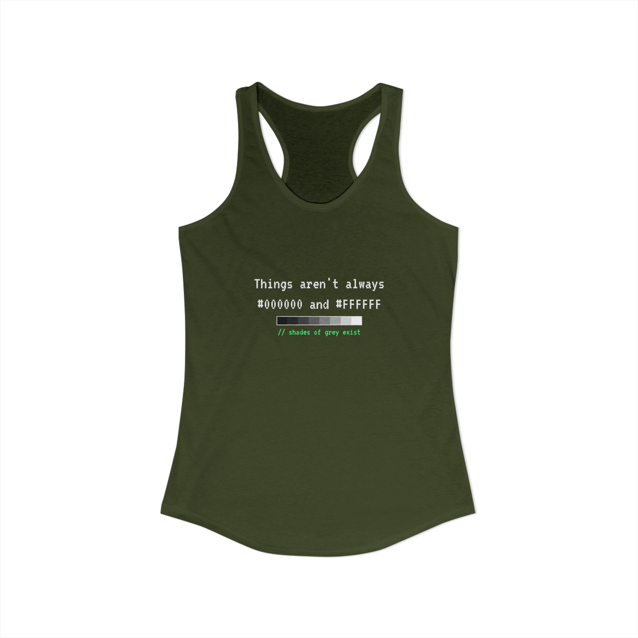 Shades of Grey Exist women's racerback tank in Solid Military Green, front view