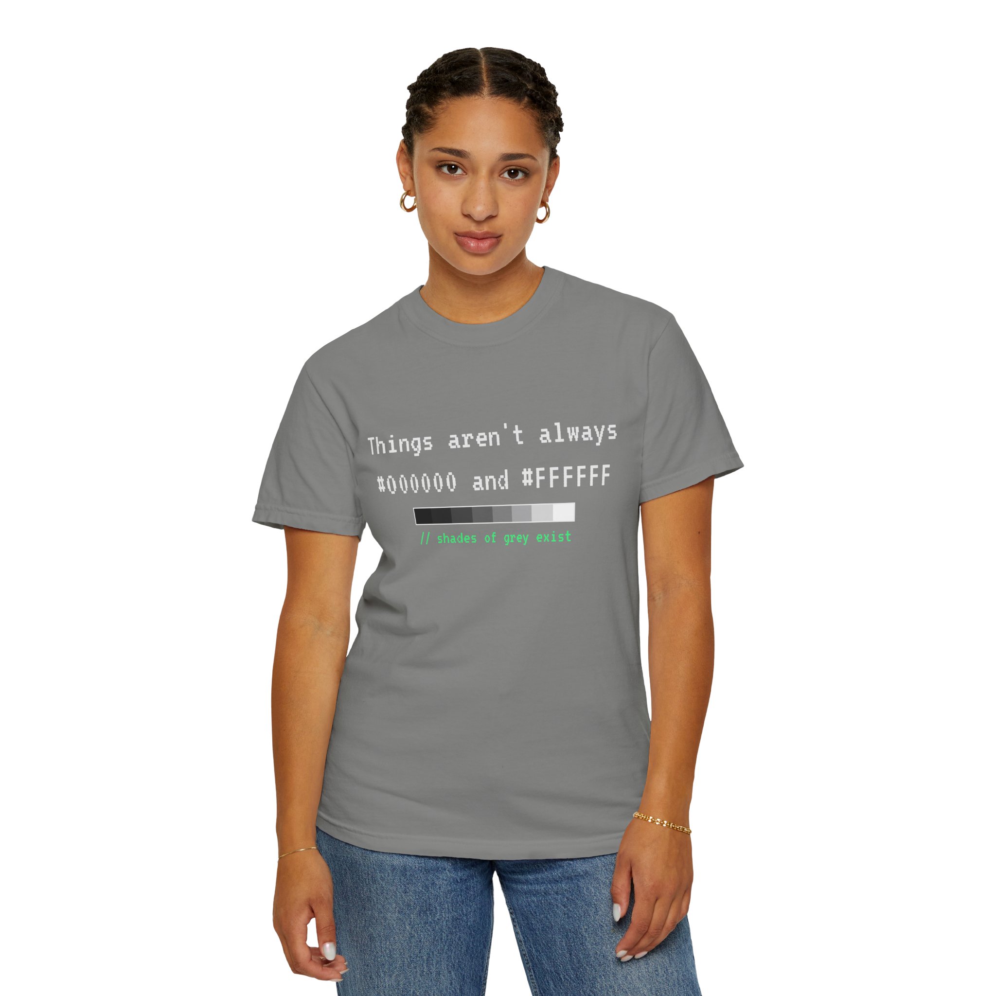 Shades of Grey Exist T-shirt in Granite, worn by a woman, second model