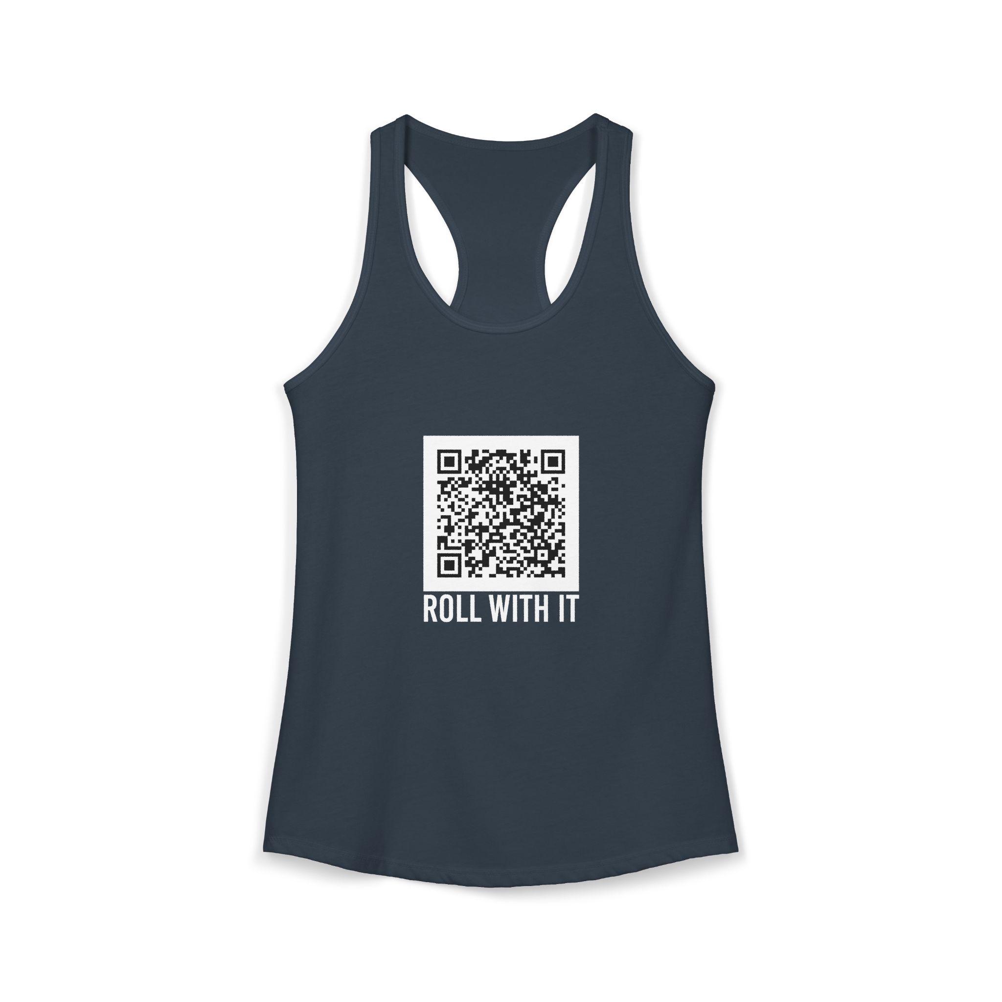 Roll With It QR Code women's racerback tank in Solid Indigo, front 2