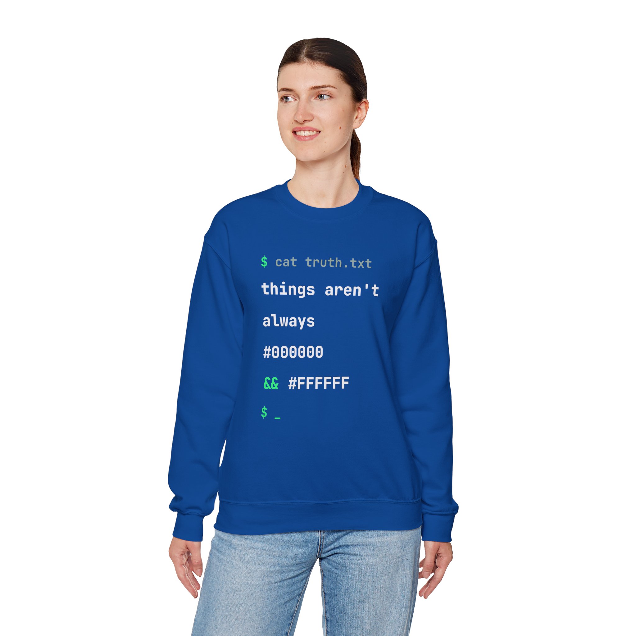 cat truth.txt crewneck sweatshirt in Royal, worn by a model, fourth view