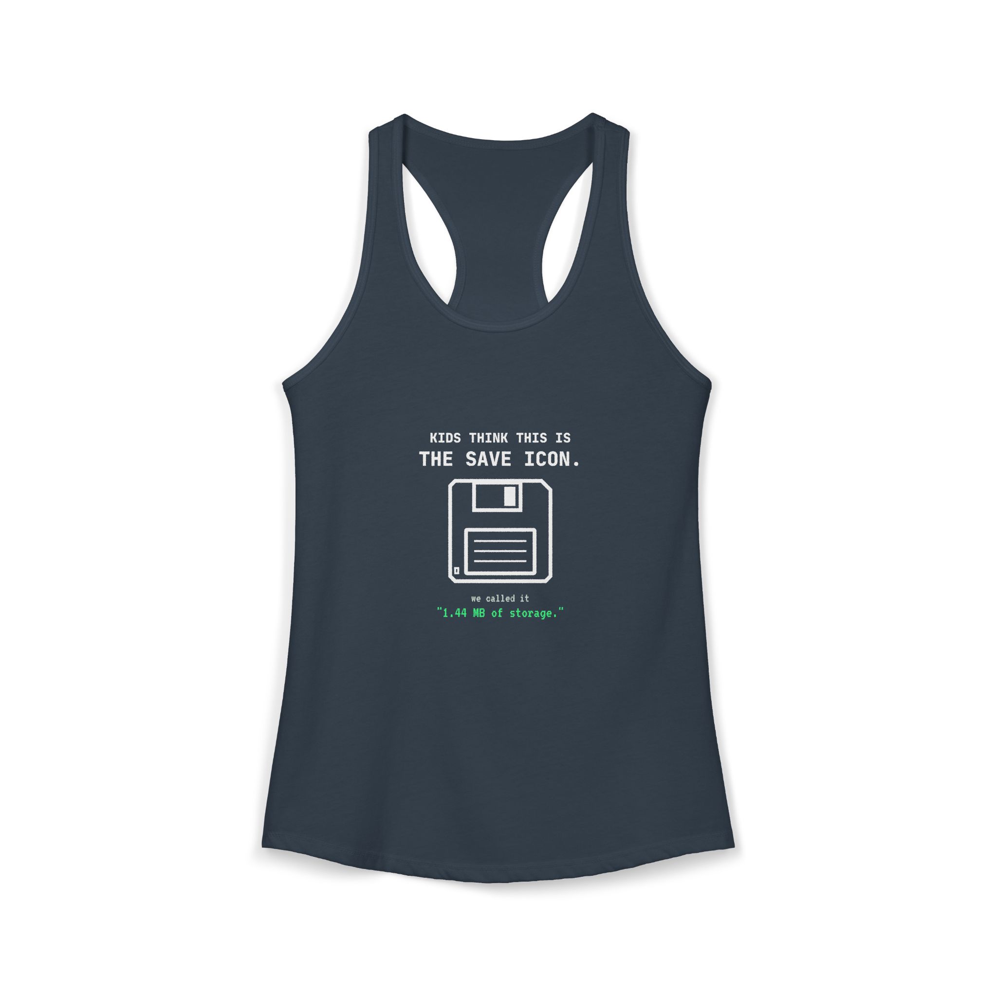 The Original Save Icon women's racerback tank in Solid Indigo, front 2