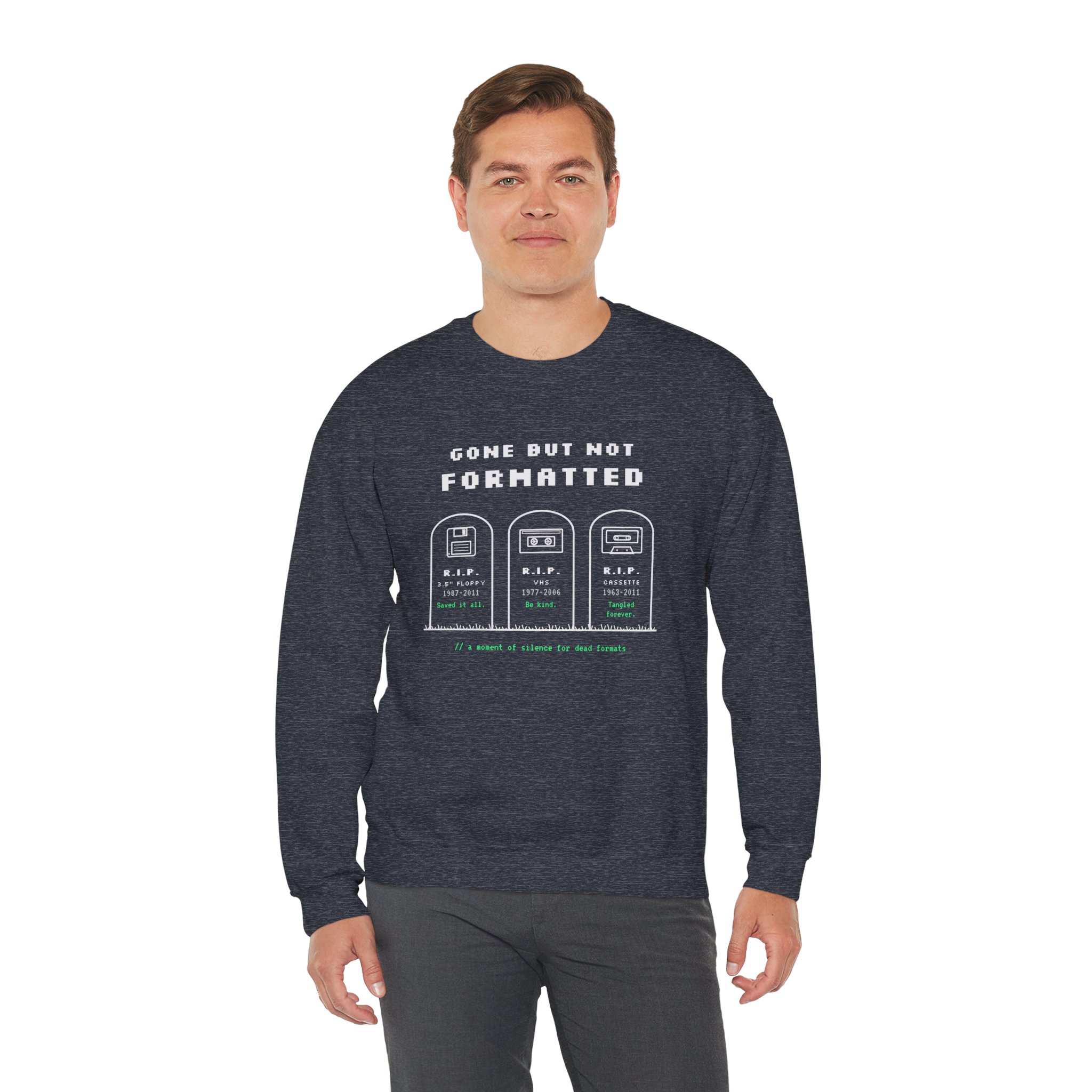 Gone But Not Formatted crewneck sweatshirt in Heather Sport Dark Navy, worn by a model, third view