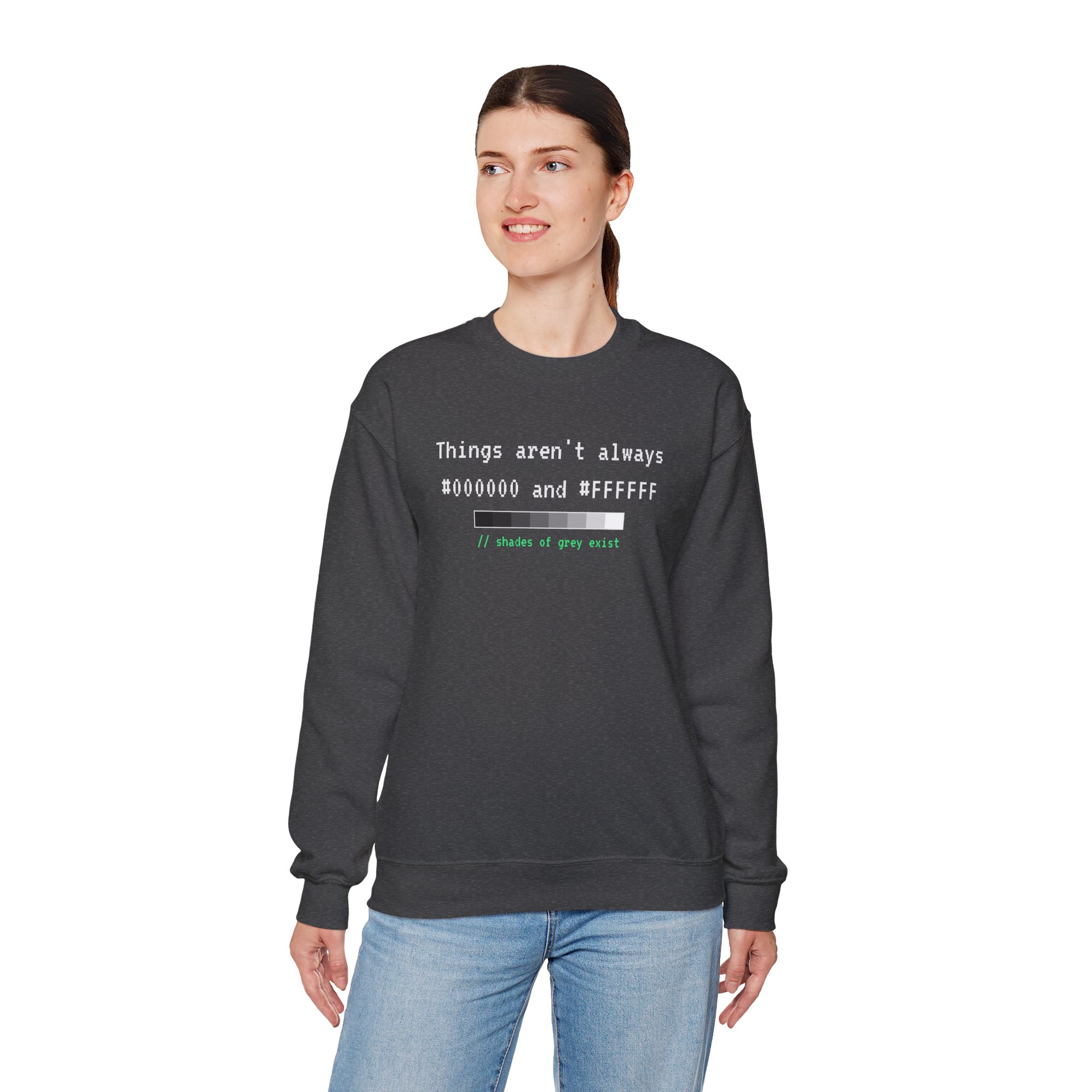 Shades of Grey Exist crewneck sweatshirt in Dark Heather, worn by a model, fourth view