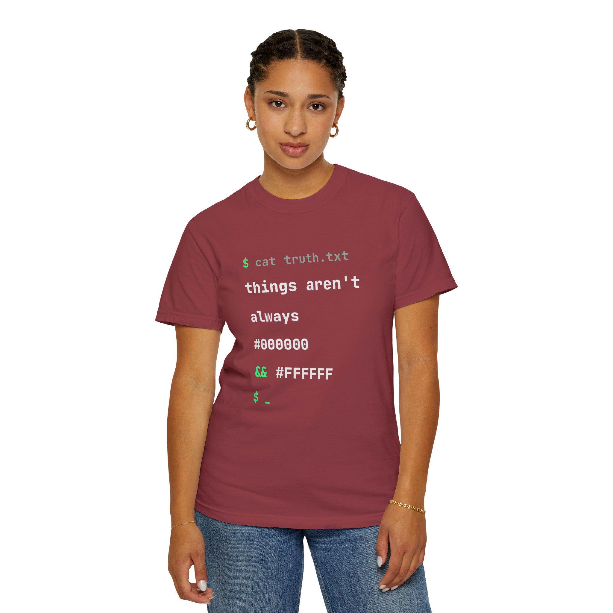 cat truth.txt T-shirt in Chili, worn by a woman, second model