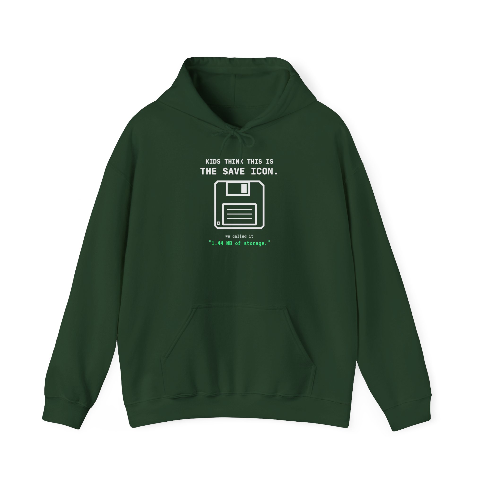 The Original Save Icon hoodie in Forest Green, front view