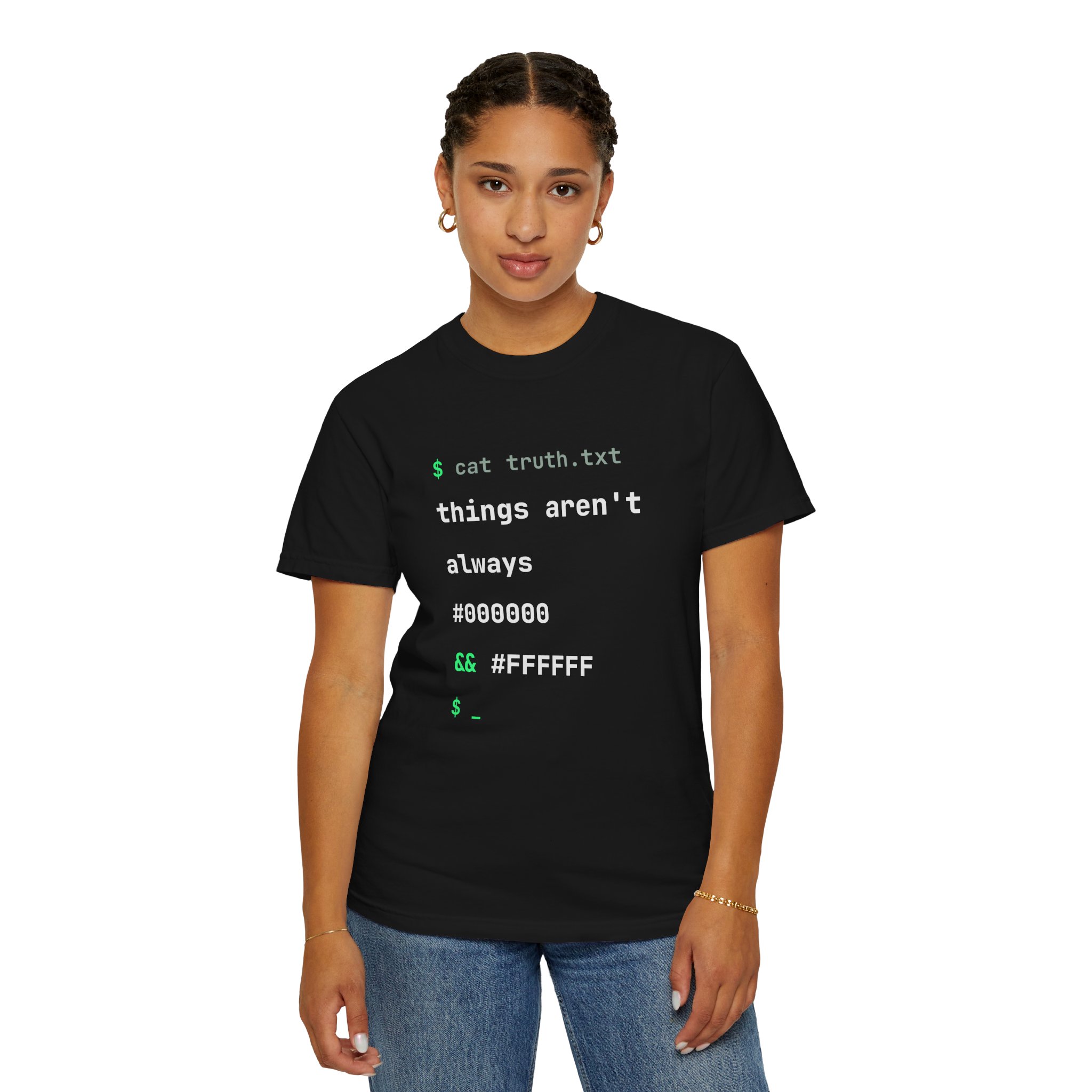 cat truth.txt T-shirt in Black, worn by a woman, second model